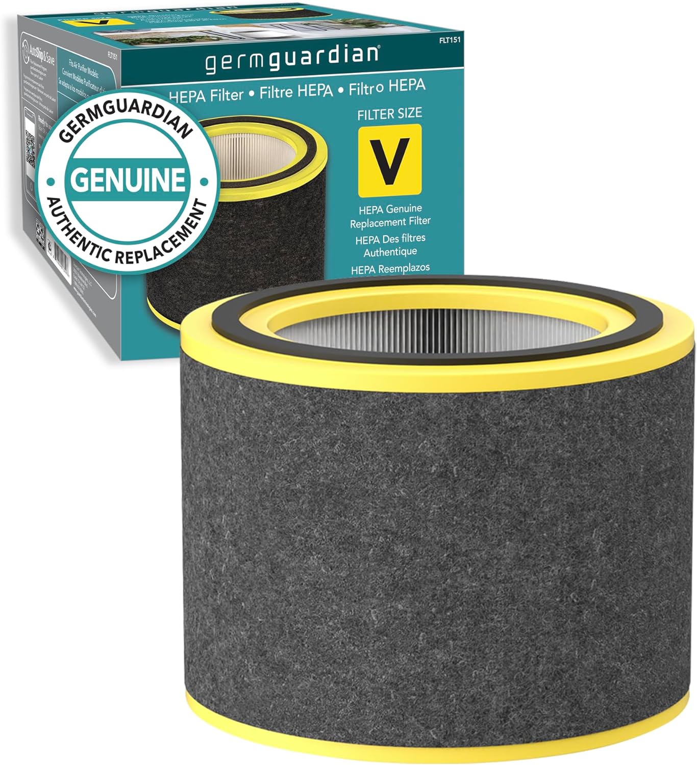 GermGuardian Filter V HEPA Pure Genuine Air Purifier Replacement Filter, Removes 99.97% of Pollutants for AirSafe Series and AC151, Black/Yellow, FLT151