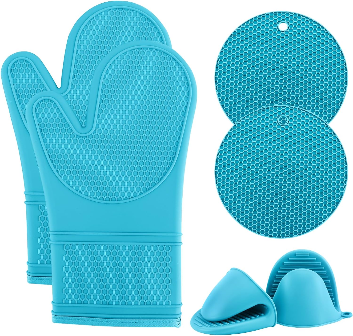 COOK WITH COLOR Silicone Oven Mitt Set- 6 PC. Set - Heat Resistant Gloves with Soft Quilted Lining Set of 2 Oven Mitt Pot Holders, 2 Silicone Trivets, 2 Fingertip Mitss for Cooking and BBQ (Teal)