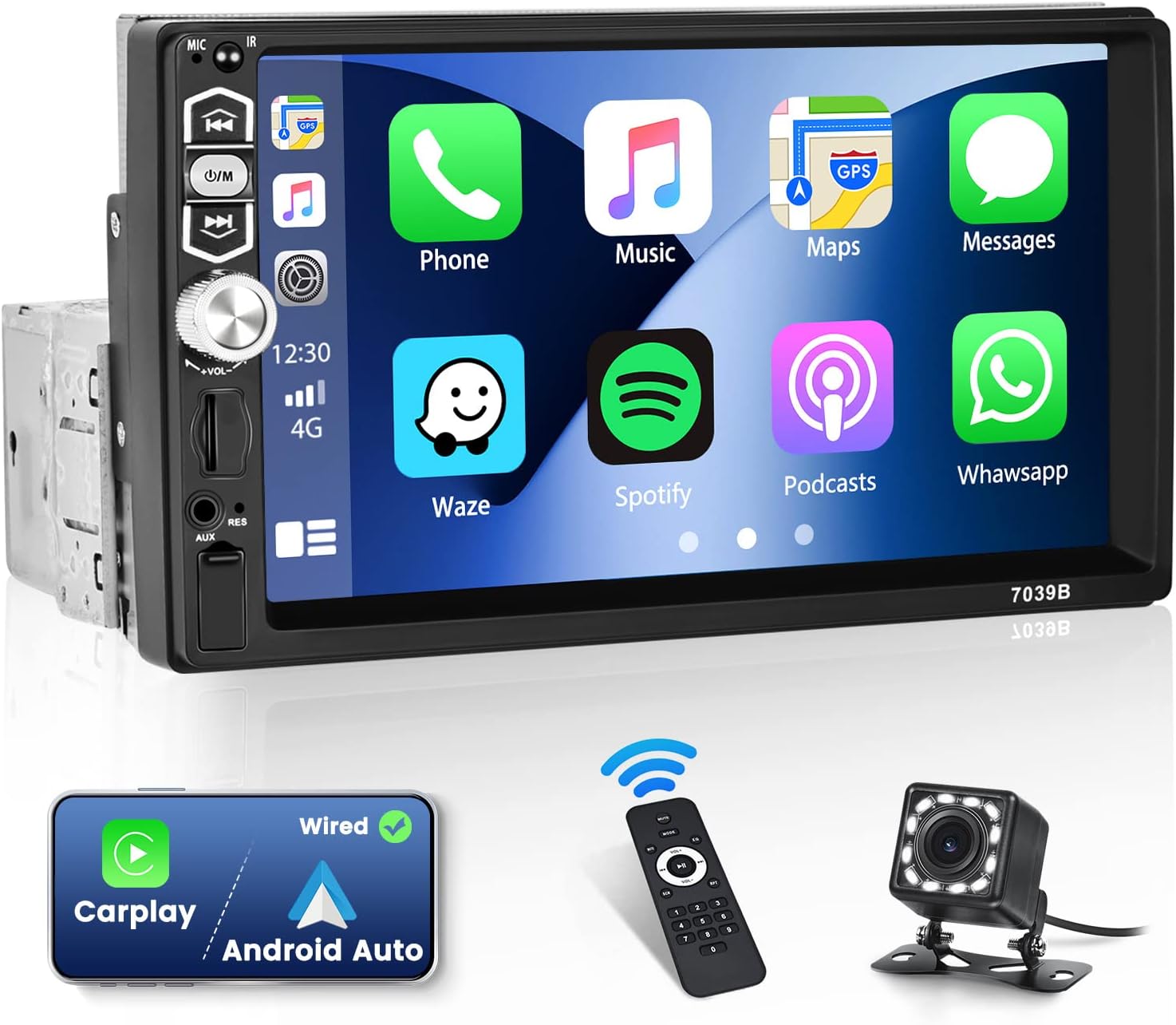 Apple CarPlay Head Unit Single Din Touchscreen Car Stereo Android Auto 7 Inch Car Radio with Bluetooth and Backup Camera Mirror Link USB Charging & FM AUX TF