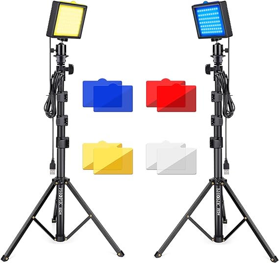 PHOPIK Dimmable 5600K LED Video Light with Adjustable Tripod Stand & Color Filters, 2-Pack Continuous Photography Lighting for Webcam, Zoom, Streaming, YouTube, TikTok, Photography Lighting