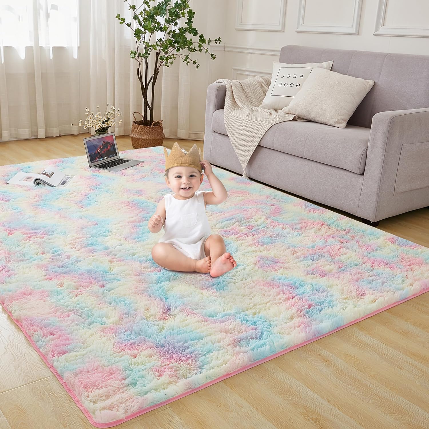 Andency 4x6 Shag Area Rug for Living Room, Rainbow Soft Fuzzy Plush Indoor Carpets for Bedroom, Non Skid Fluffy Faux Fur Rug for Nursery Kids Boys Girls Room