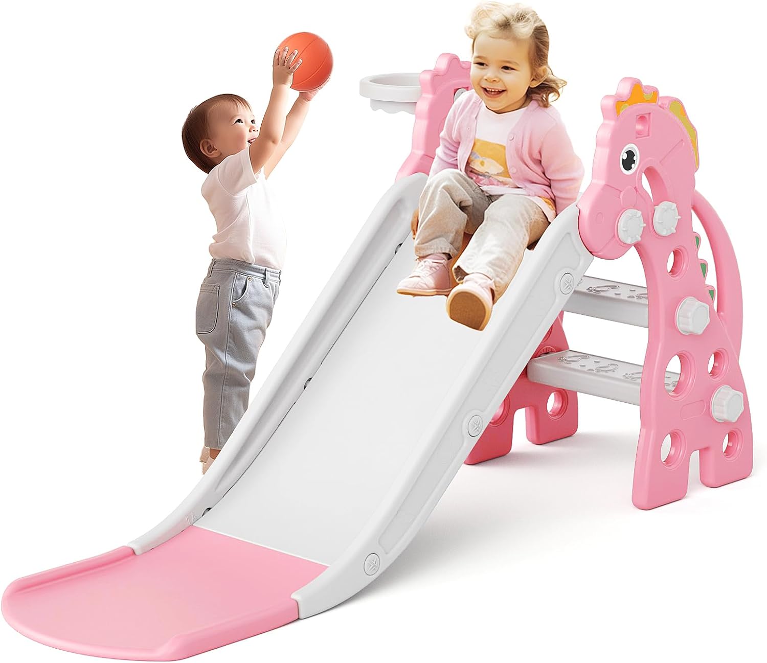 67i Toddler Slide Indoor Slide for Toddlers Age 1-3 Slide for Kids Indoor Slide Baby Slide Plastic Slide Play Slide with Basketball Hoop and Ball Foldable Slide Kids Indoor Outdoor Slide (Pink)