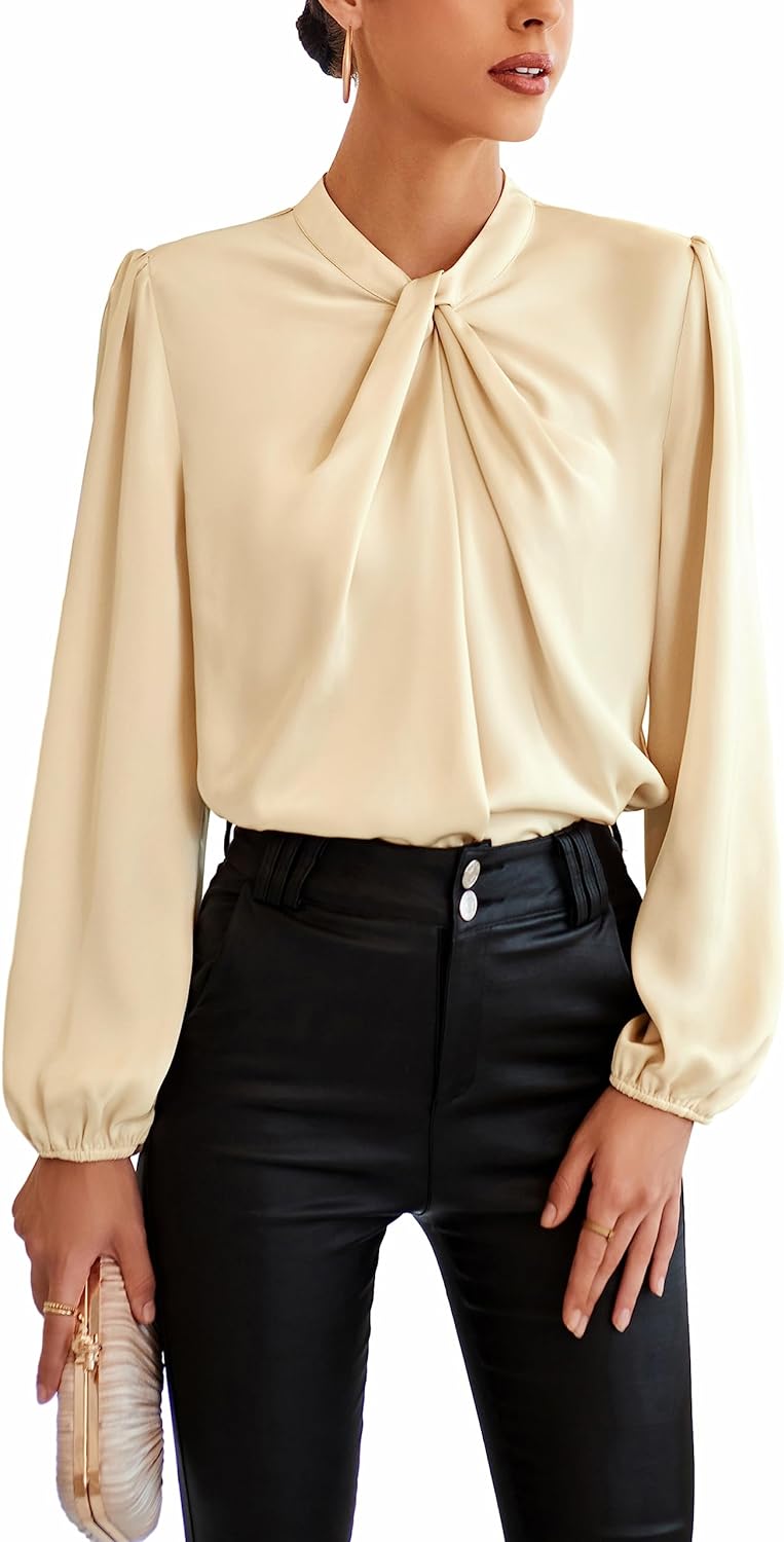 GRACE KARIN Women' Satin Top Mock Neck Twist Front Top Long Lantern Sleeve Silk Shirts Casual Loose Work Office Blouse