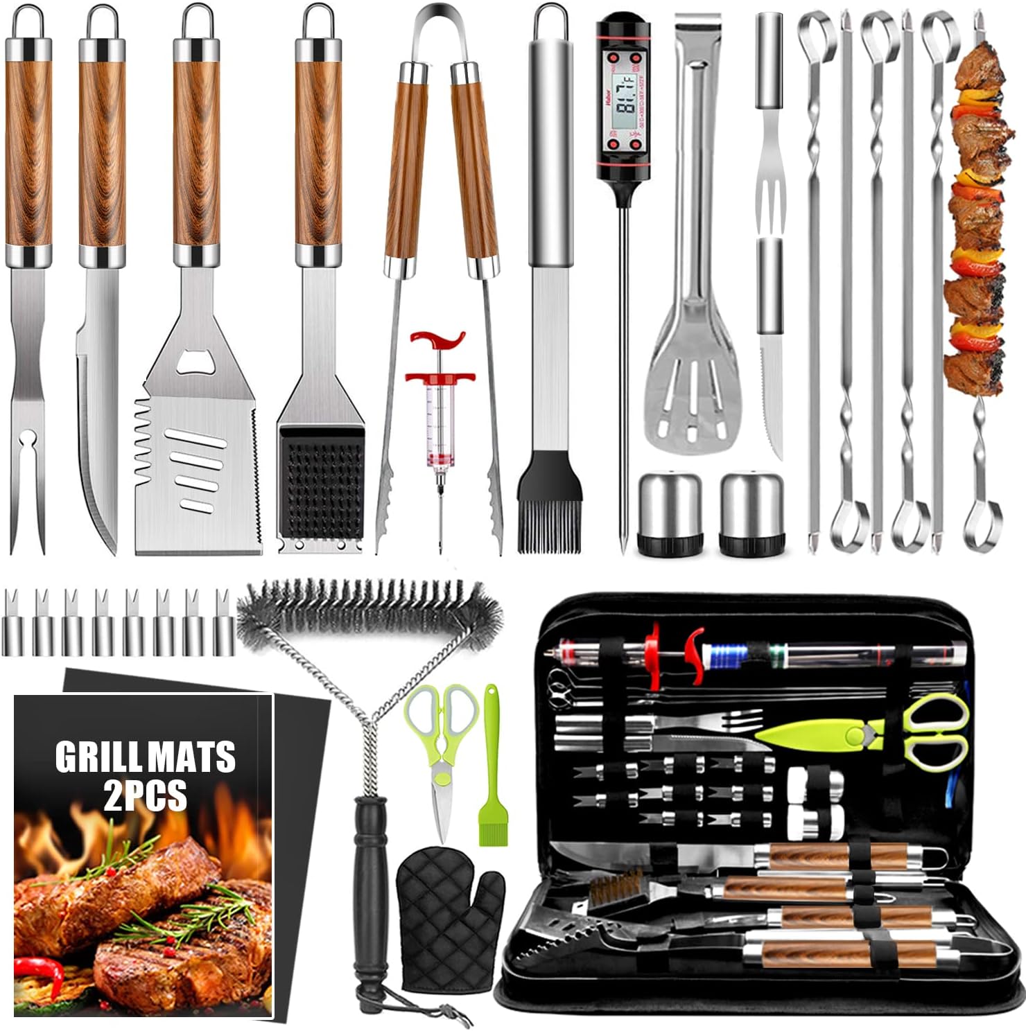 34Pcs Grill Accessories Grilling Gifts for Men, 16 Inches Heavy Duty BBQ Accessories, Stainless Steel Grill Tools with Thermometer, Grill Mats for Backyard, BBQ Gifts Set for Men Women