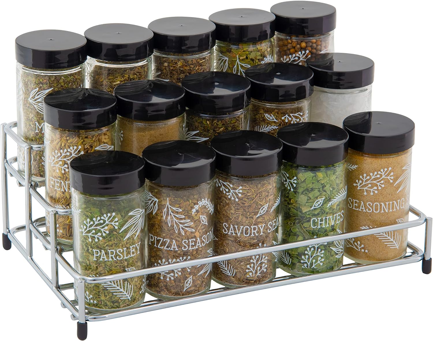 Kamenstein 15 Jar Lincoln Countertop Spice Rack with Spices Included, FREE Spice Refills for 5 Years, Chrome with Black Caps , 9.5 x 5.8 x 9