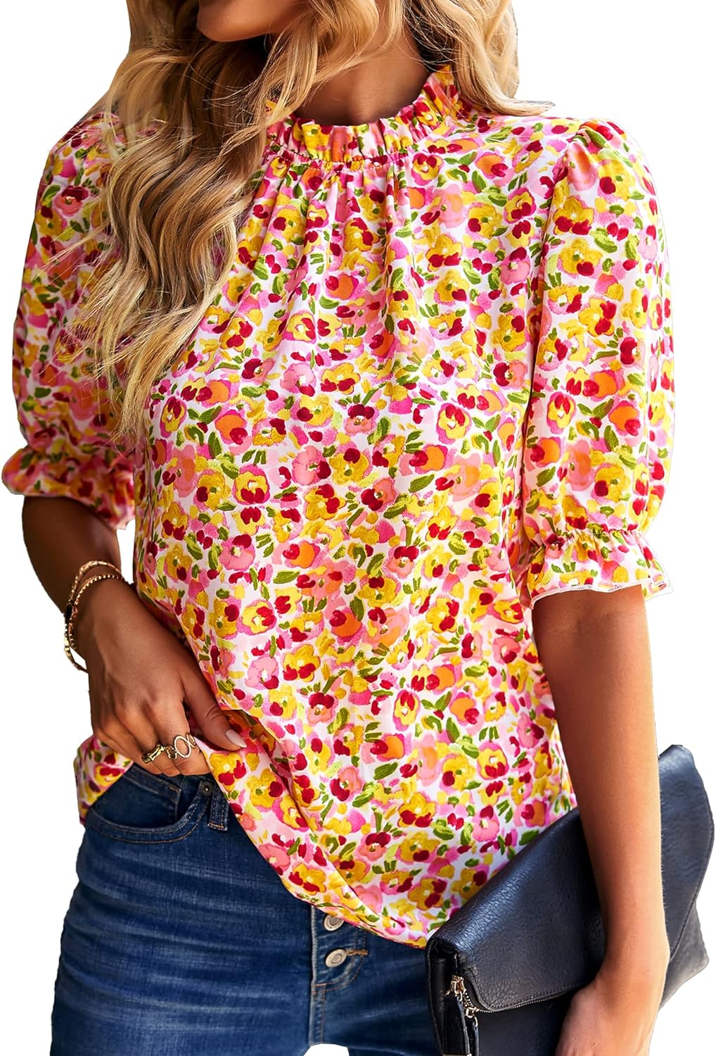 BTFBM Women' Summer Boho Shirt Top Ruffle Short Sleeve Frill Trim Mock Neck Floral Solid 2024 Casual Blouses Shirts Tops