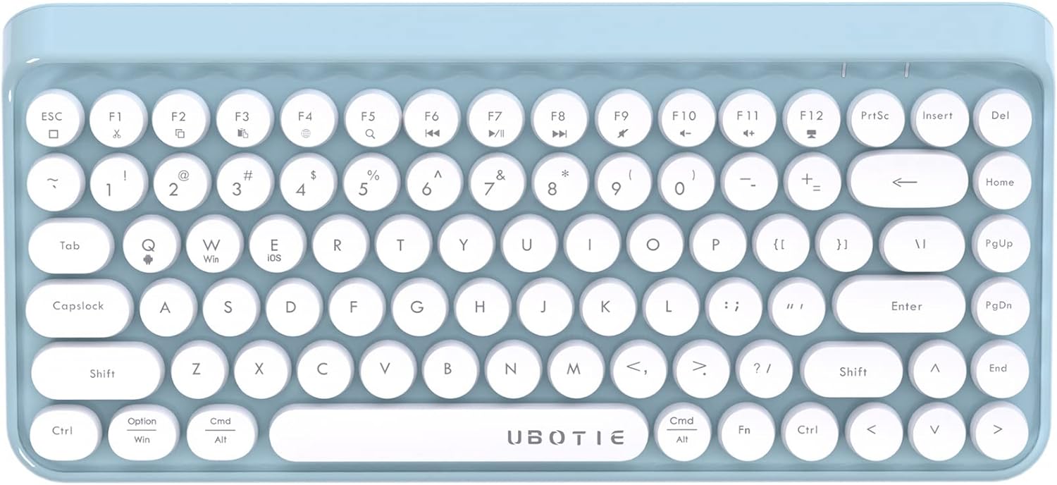 UBOTIE Portable Bluetooth Colorful Computer Keyboards, Wireless Mini Compact Retro Typewriter Flexible 84Keys Design Keyboard (Blue-White)