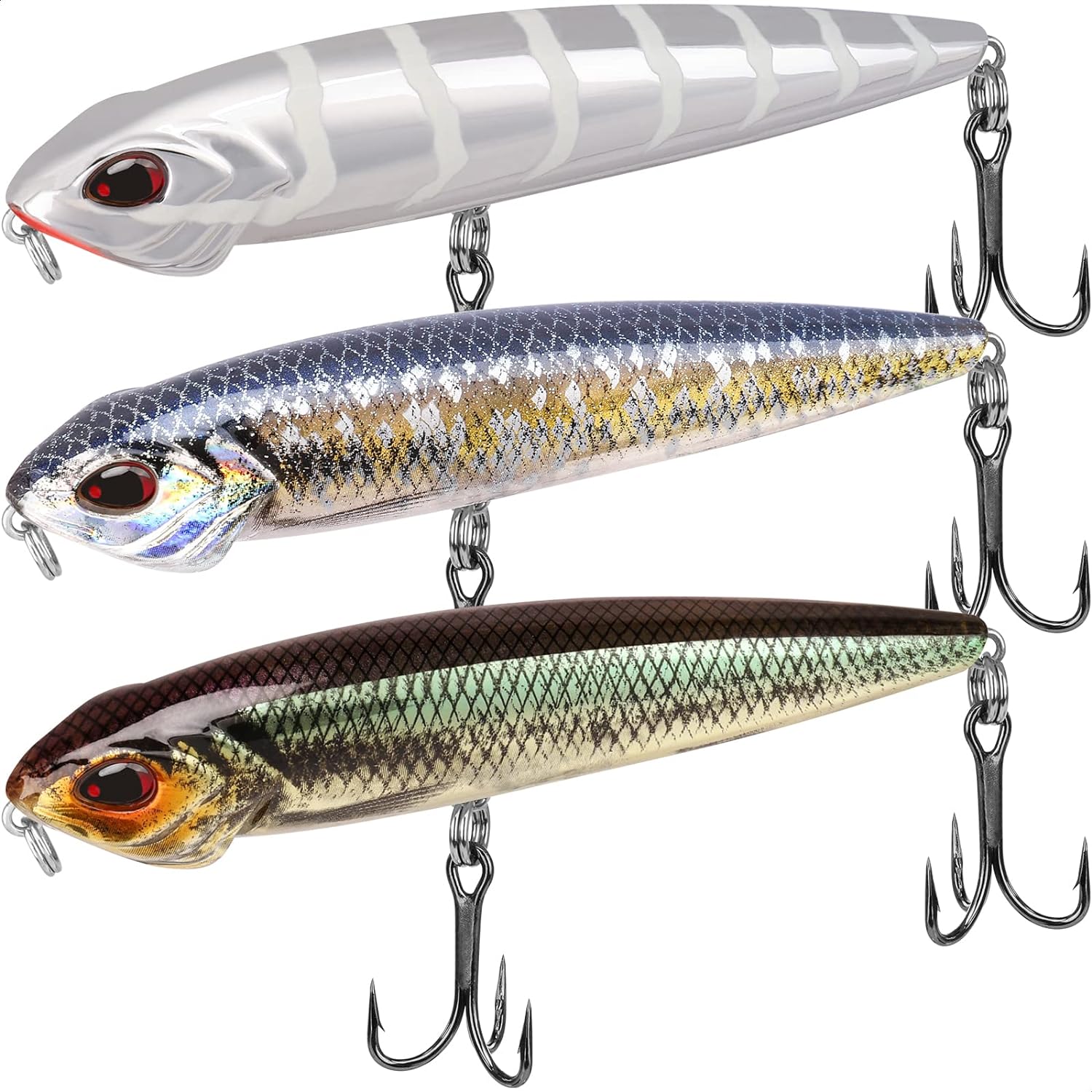 TRUSCEND Topwater Fishing Lures with BKK Hooks, Pencil Plopper Fishing Lures for Bass Catfish Pike Perch, Top Water Bass Bait Lure with Propeller Tail, Pencil Floating Lure