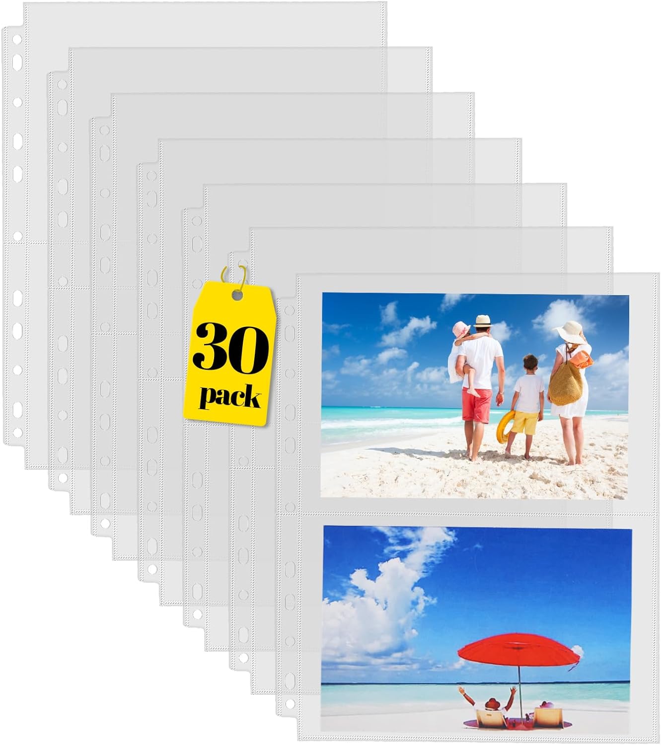 Sooez 30 Pack Heavy Duty Photos or Postcards Page Protectors, Plastic Clear Photo Holder Sleeves for 3 Ring Binder, Two 5'' x 7'' Pockets Per Page, Top Loading Perfect for Checking & Organizing
