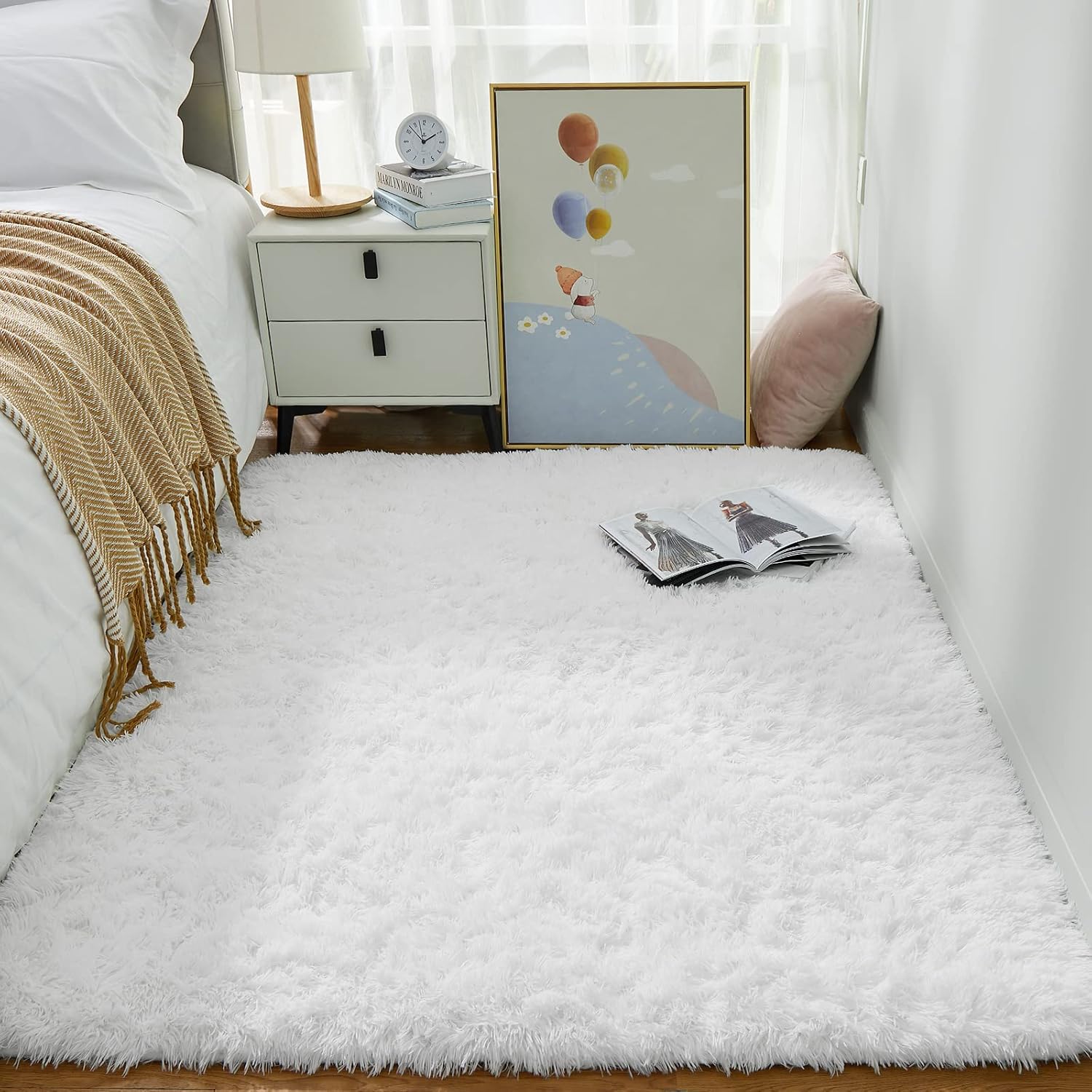 Ophanie White Area Rugs for Bedroom Fluffy, 4x6 Fuzzy Shag Plush Soft Shaggy Bedside Cream Rug, Ivory Living Room Carpet for Girls Kids Baby Teen Dorm Home Decor Aesthetic, Nursery