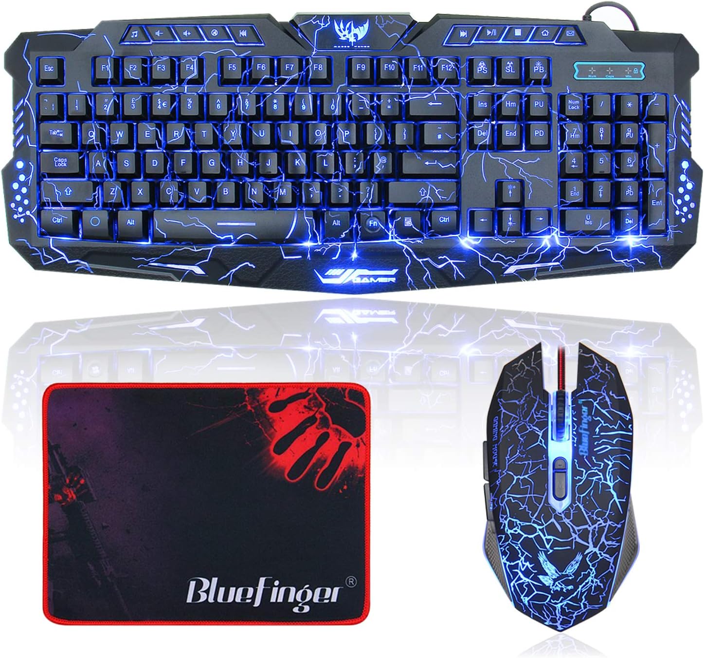 Gaming Keyboard and Mouse,USB Wired Backlit Gaming Mouse and Keyboard Combo,Letters Glow, 3 Color Crack Backlit,Illumination Keyboard and Mouse Set for Game and Work