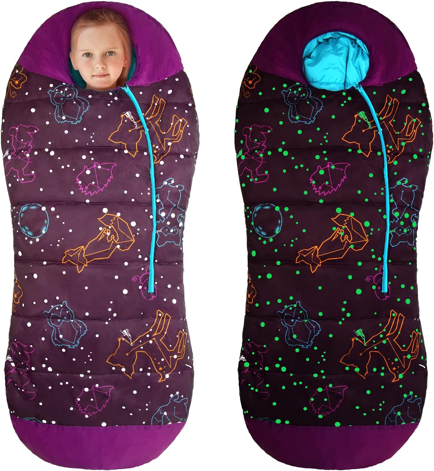 AceCamp Glow in The Dark Mummy Sleeping Bag for Kids and Youth, Temperature Rating 30F/-1C, Water-Resistant for Camping, Hiking, and Slumber Party