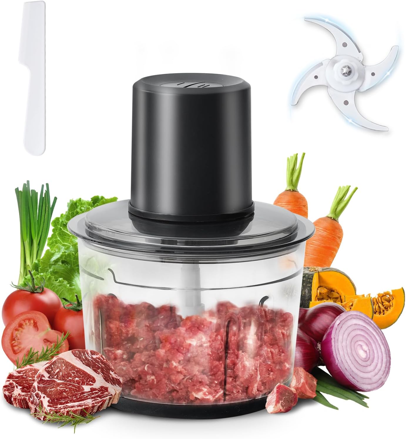 Olayks Electric Food Chopper, 8-Cup Food Processor with 4 Sharp Blades, 2.2L Glass Bowl Grinder for Meat, Vegetables, Fruits and Nuts, Stainless Steel Motor Unit, 350W