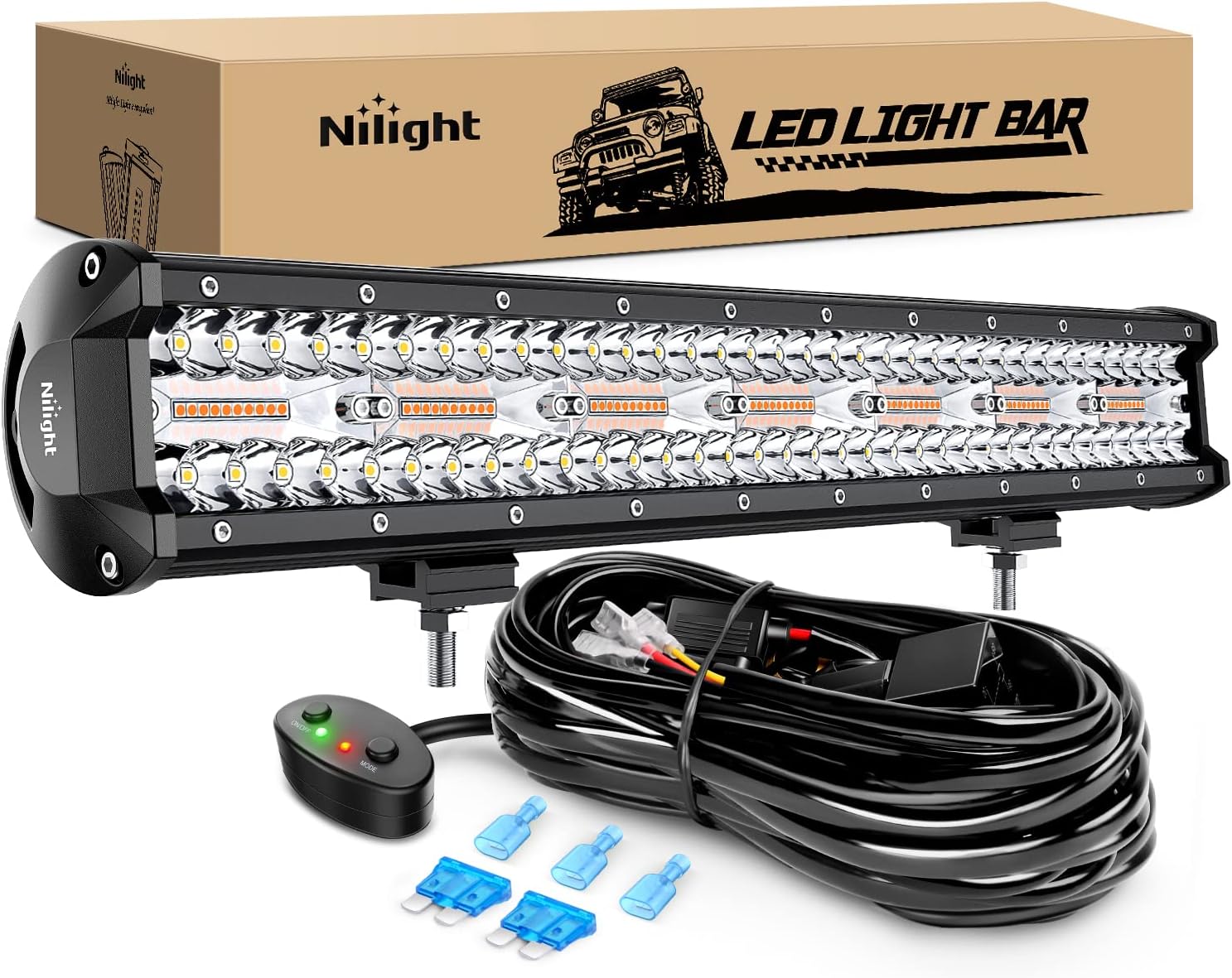 Nilight 20Inch 420W LED Light Bar Spot Flood Amber White Strobe 6 Modes with Memory Function Off-Road Truck Car ATV SUV Cabin Boat with 16AWG Wiring Harness Kit-1 Lead, 2 Years Warranty