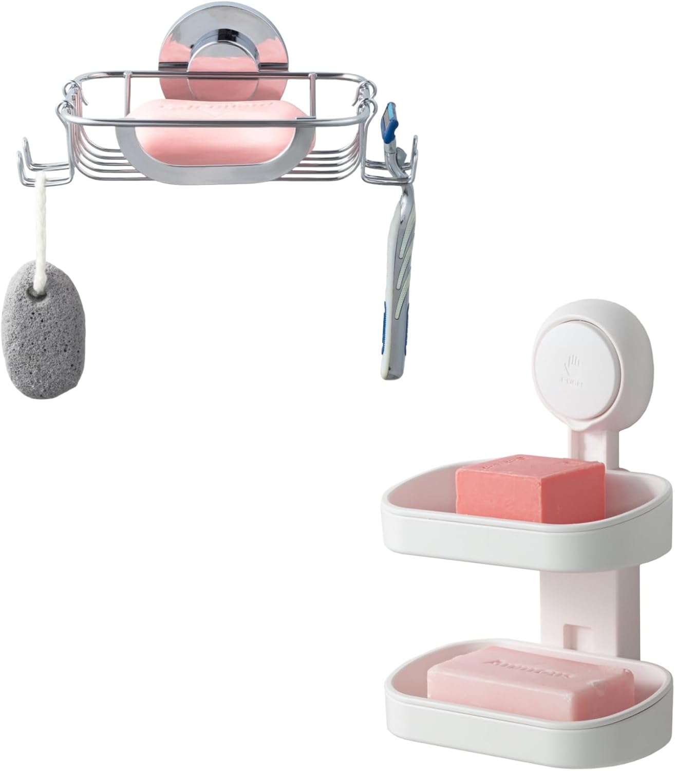 TAILI Silver Soap Holder with Hooks & White Double Layer Soap Dish, Suction Cup Soap Rack for Shower Wall, Soap Saver Tray for Bathroom, Stainless Steel Sponge Holder for Tub, Kitchen, Rustproof