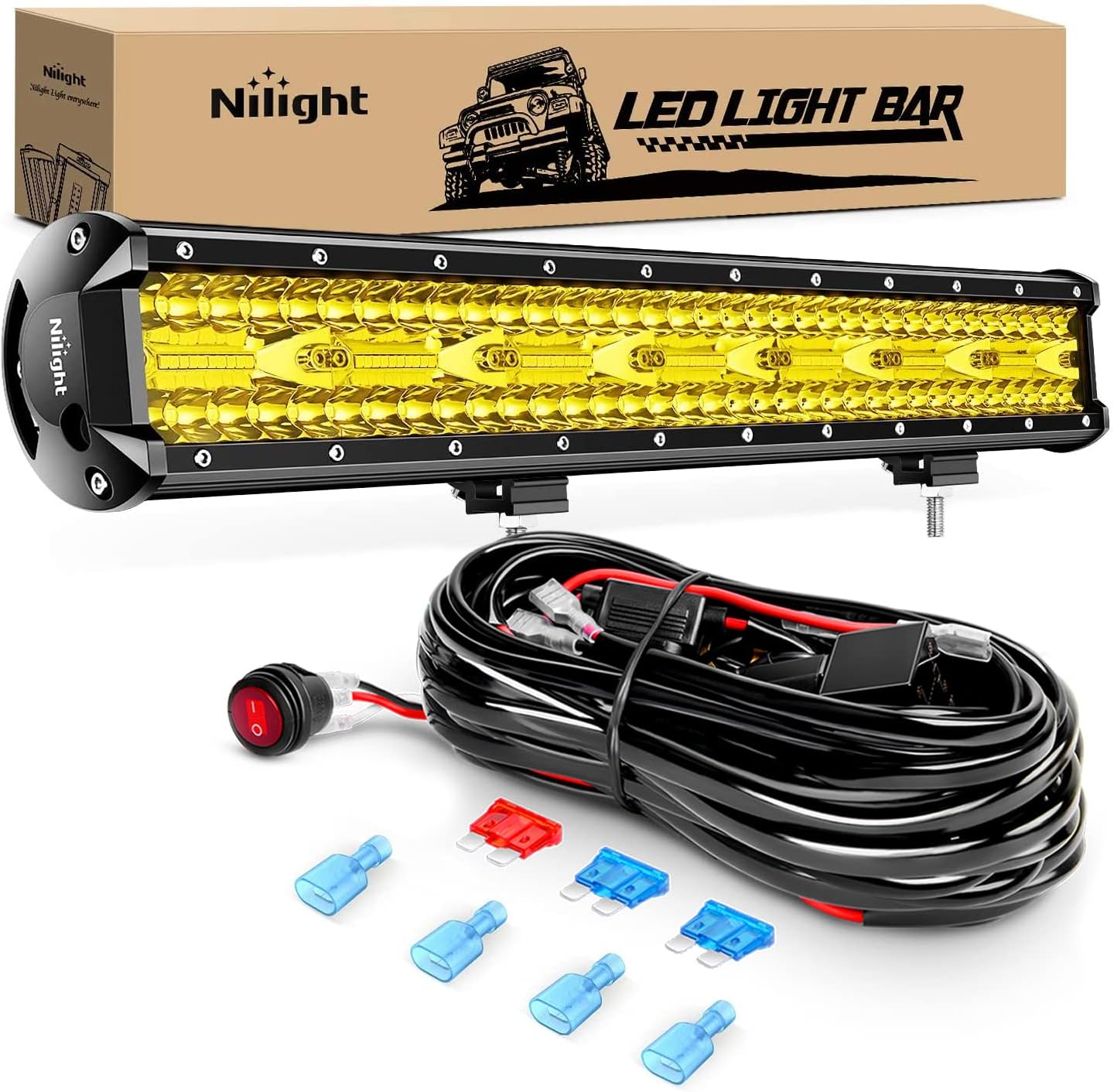 Nilight 20 Inch 420W LED Light Bar Amber Triple Row Flood Spot Combo 42000LM Driving Boat Led Off Road Lights with 12V On/Off 5 16AWG Wiring Harness Kit, 2 Years Warranty