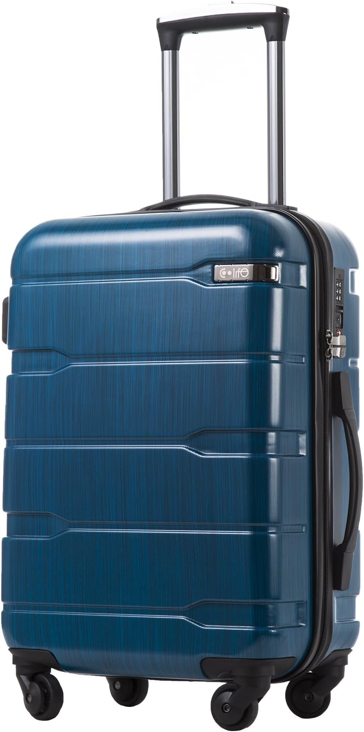 Coolife Luggage Suitcase PC+ABS Spinner Built-In TSA lock 20in 24in 28in Carry on (Caribbean Blue., S(20in_carry on))