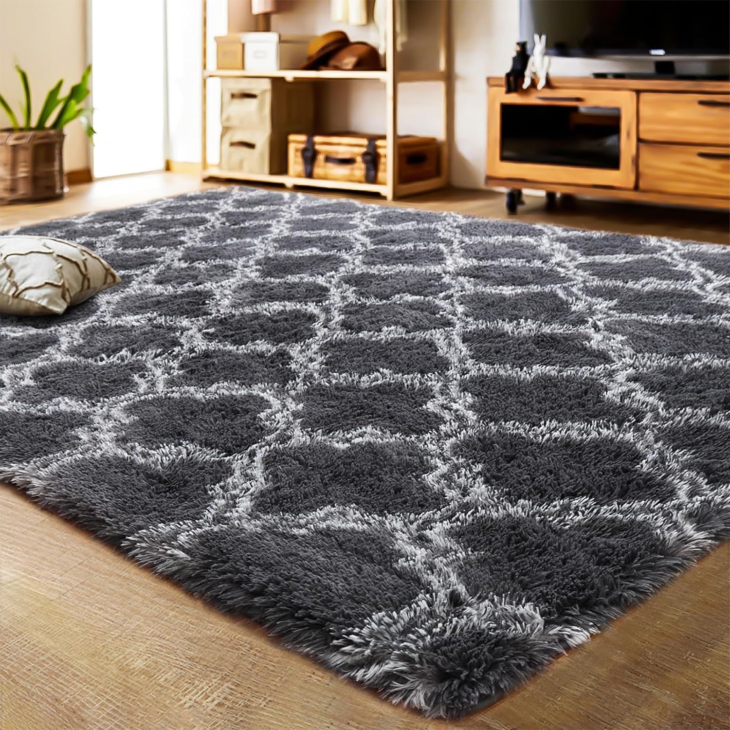 LOCHAS Luxury Shag Area Rug 5x8 Feet Geometric Plush Fluffy Rugs, Extra Soft Carpet Moroccan Rugs for Bedroom Living Room Dorm Kids, High Pile Shaggy Floor Rug Decor, Dark Grey and White