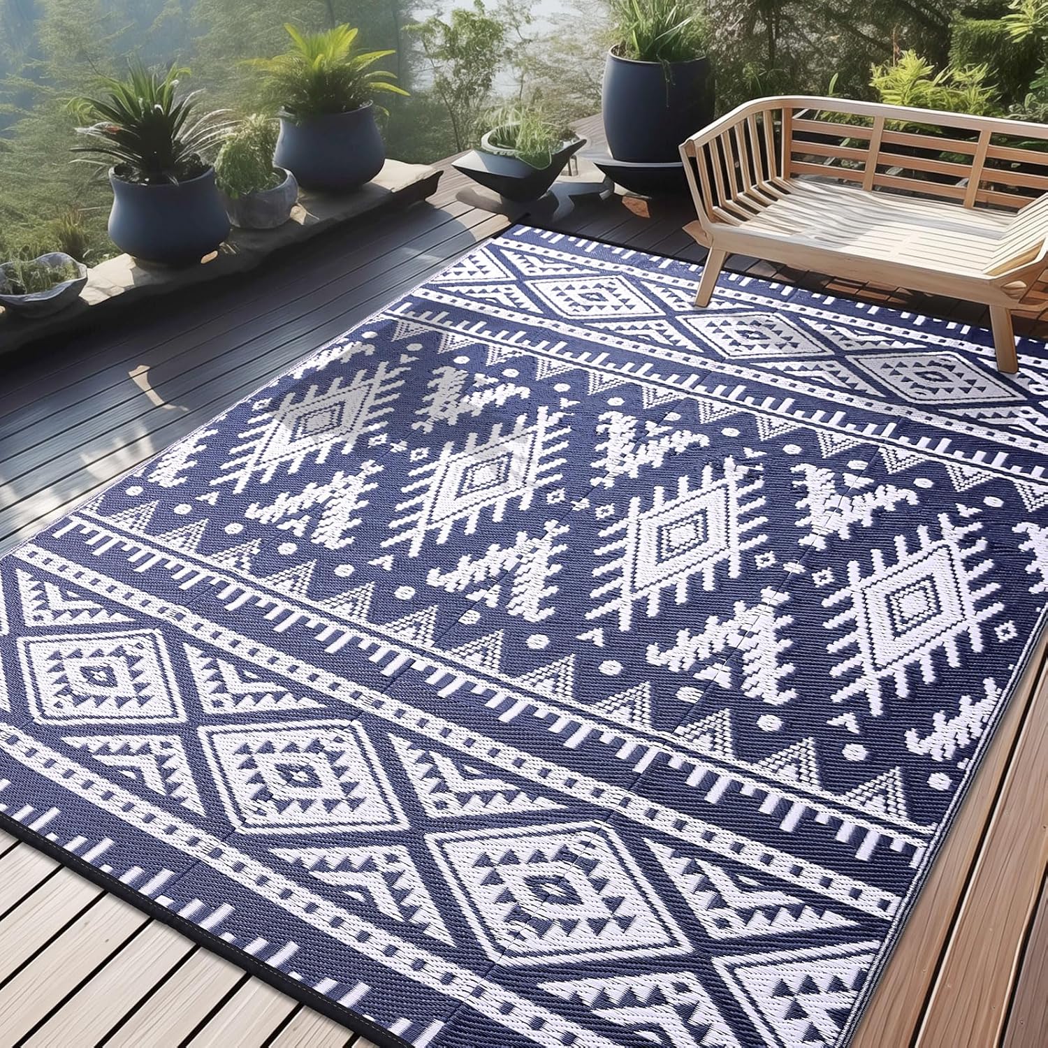 OLANLY Outdoor Rug Waterproof 9x12 ft, Reversible Outdoor Plastic Straw Rug, Boho Patio Rug, Indoor Outdoor Carpet, RV Mat Outside for Patio, Camp, Picnic, Balcony, Deck, Backyard, Navy & White