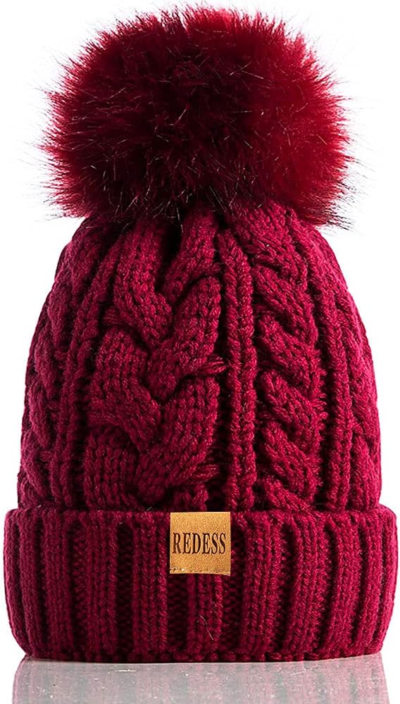 REDESS Women Winter Pompom Beanie Hat with Warm Fleece Lined, Thick Slouchy Snow Knit Skull Ski Cap