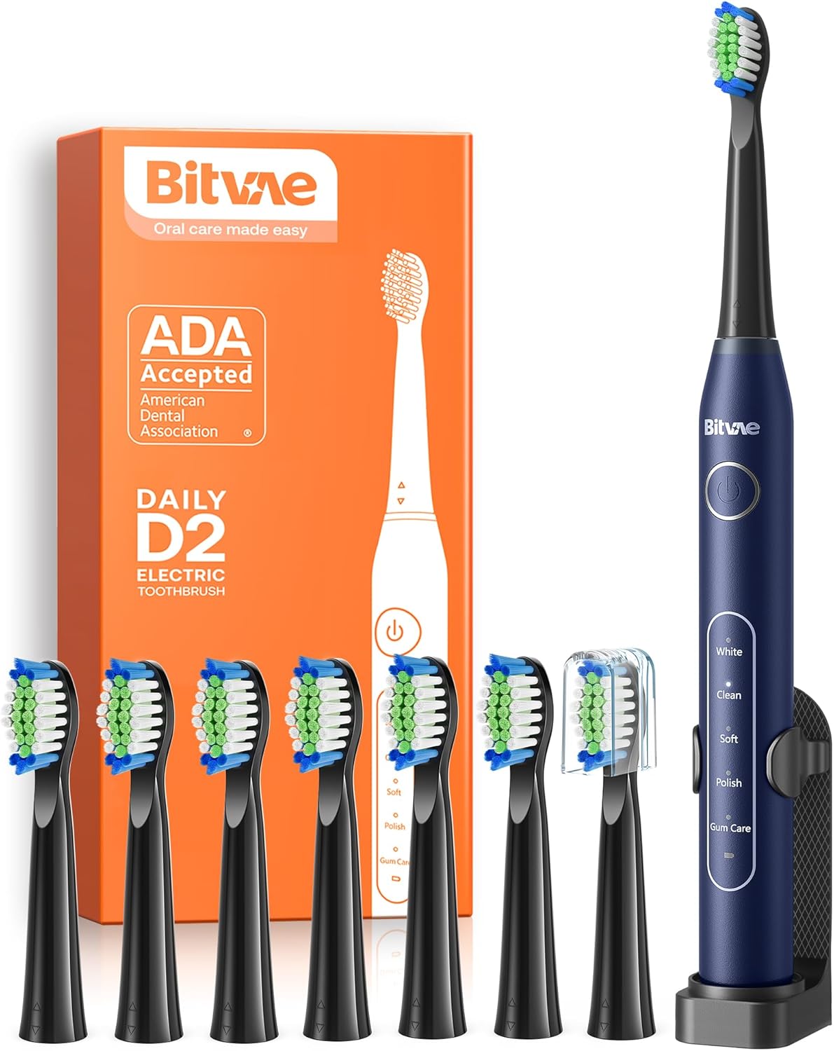 Bitvae Electric Toothbrush for Adults and Kids, ADA Accepted Ultrasonic Toothbrush with Rechargeable Power, Travel Ultrasonic Toothbrush with 8 Heads, Midnight Blue D2