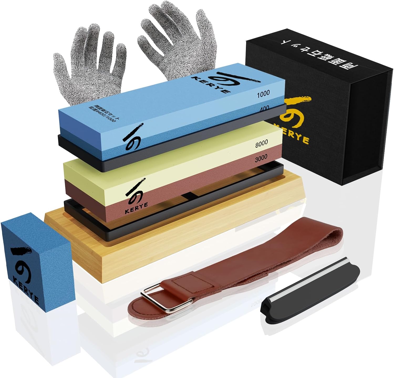 Knife Sharpening Stone Set, KERYE Professional Japanese Whetstone Knife Sharpener Tool Kit, 4 Side Grit 400/1000 3000/8000 Wet Stone, Flattening Stone, Angle Guide, Leather Strop, Anti Cut Gloves