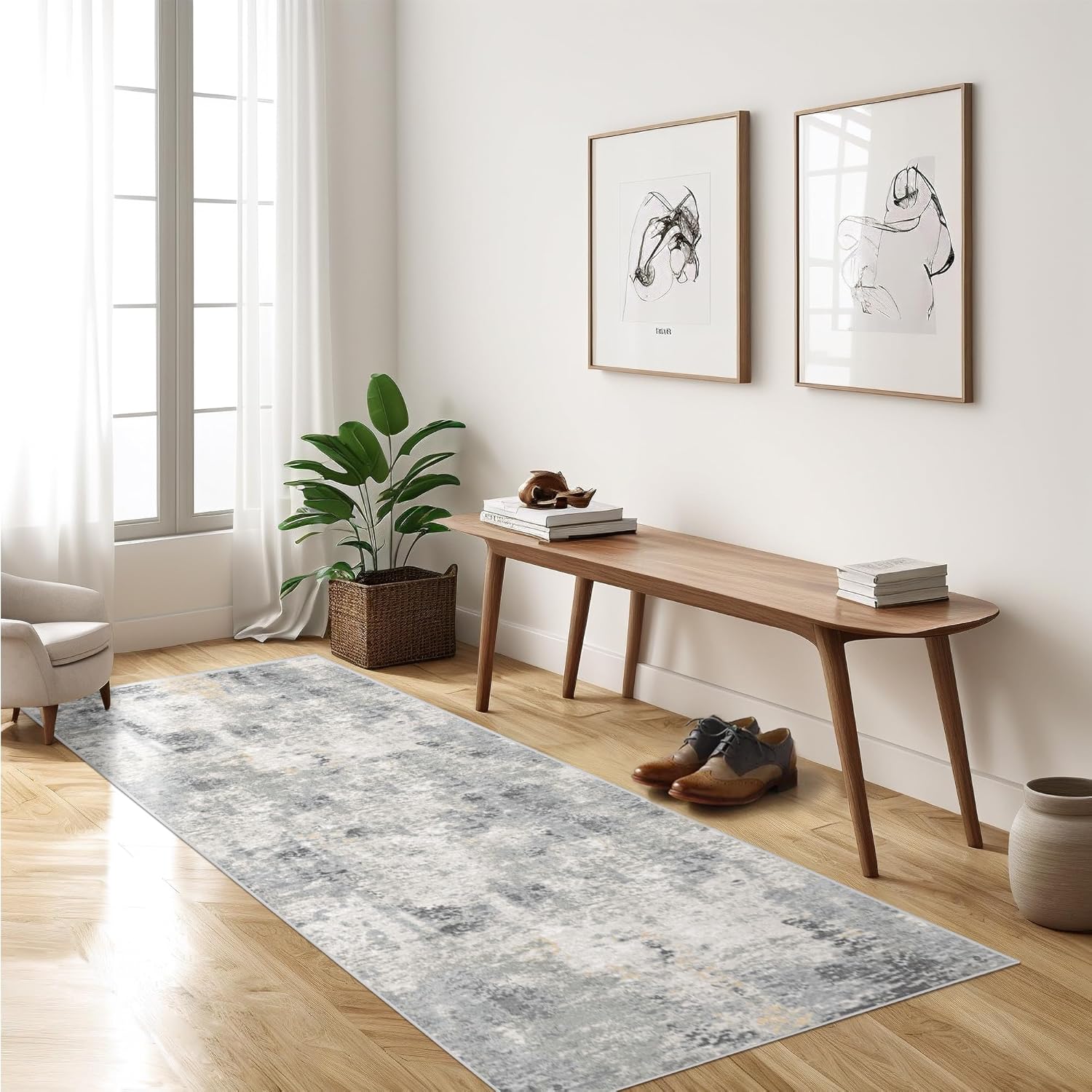 Deerly Grey/Gold Laundry Room Rug Runner, Modern Abstract Area Rug, Washable Runner Rug, Soft Carpet Runner for Bathroom Kitchen Bedroom, 2x6, Faux Wool