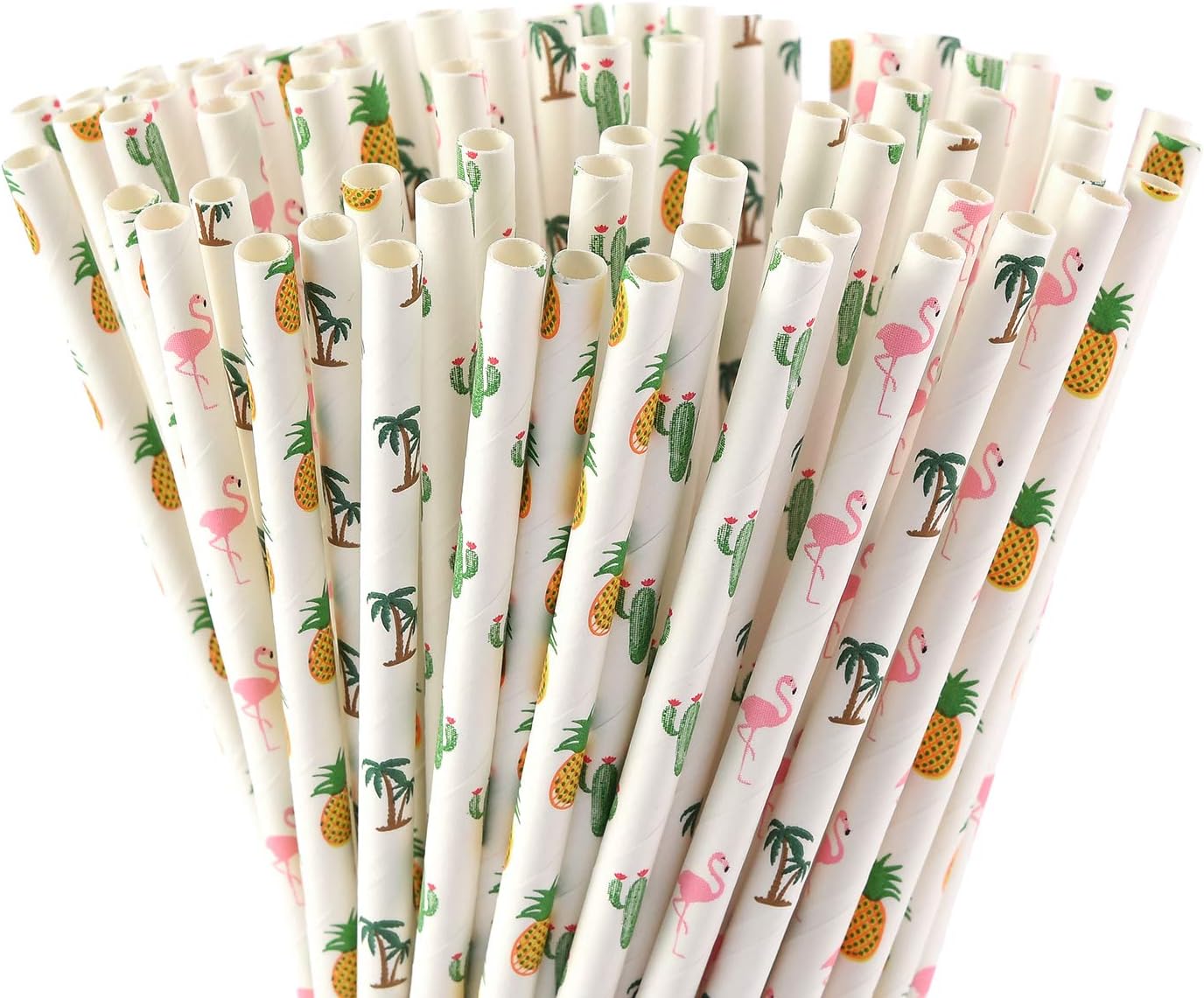 ALINK Hawaiian Tropical Party Paper Straws, Flamingo/Pineapple/Cactus/Coconut Tree Biodegradable Straws for Beach Cocktail Luau Decorations, Pack of 100