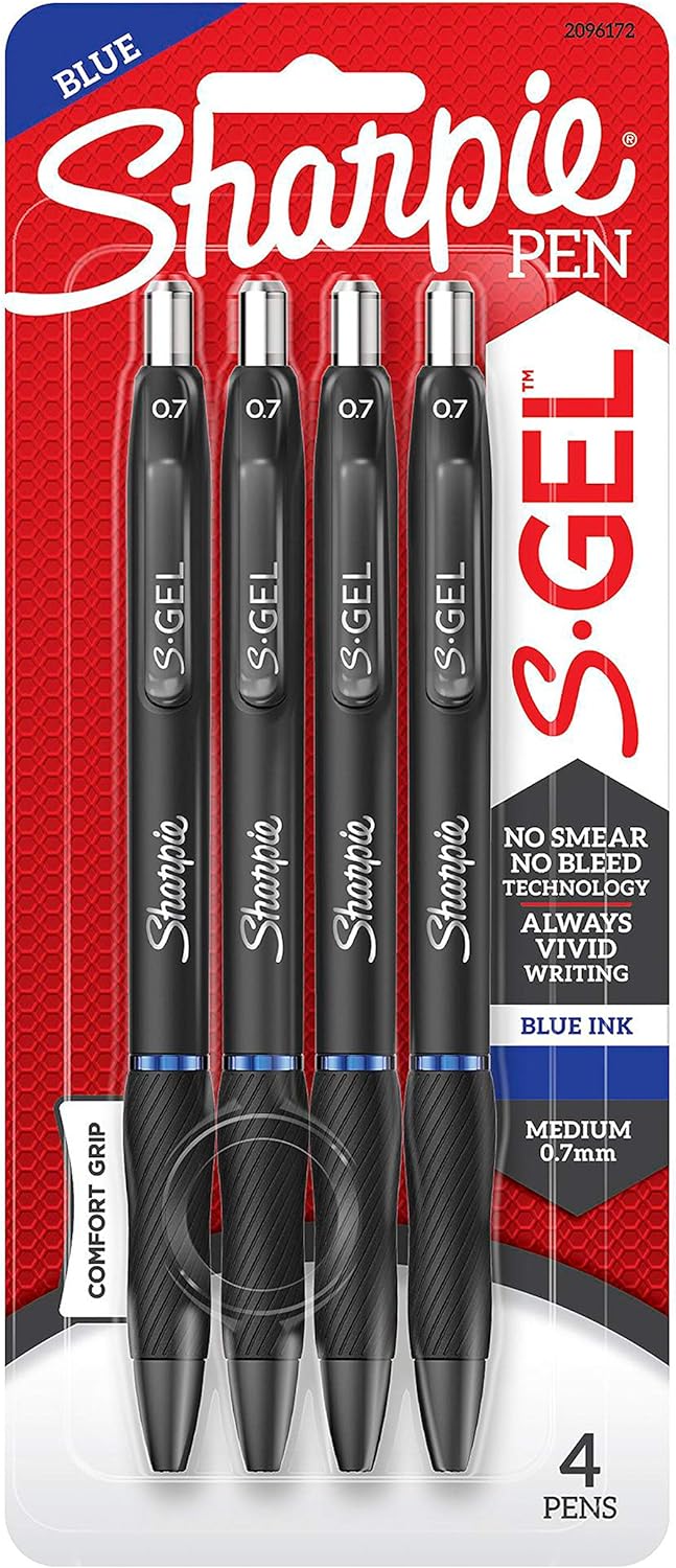 SHARPIE+S-Gel%2c+Gel+Pens%2c+Medium+Point+(0.7mm)%2c+Blue+Ink+Gel+Pen%2c+4+Count