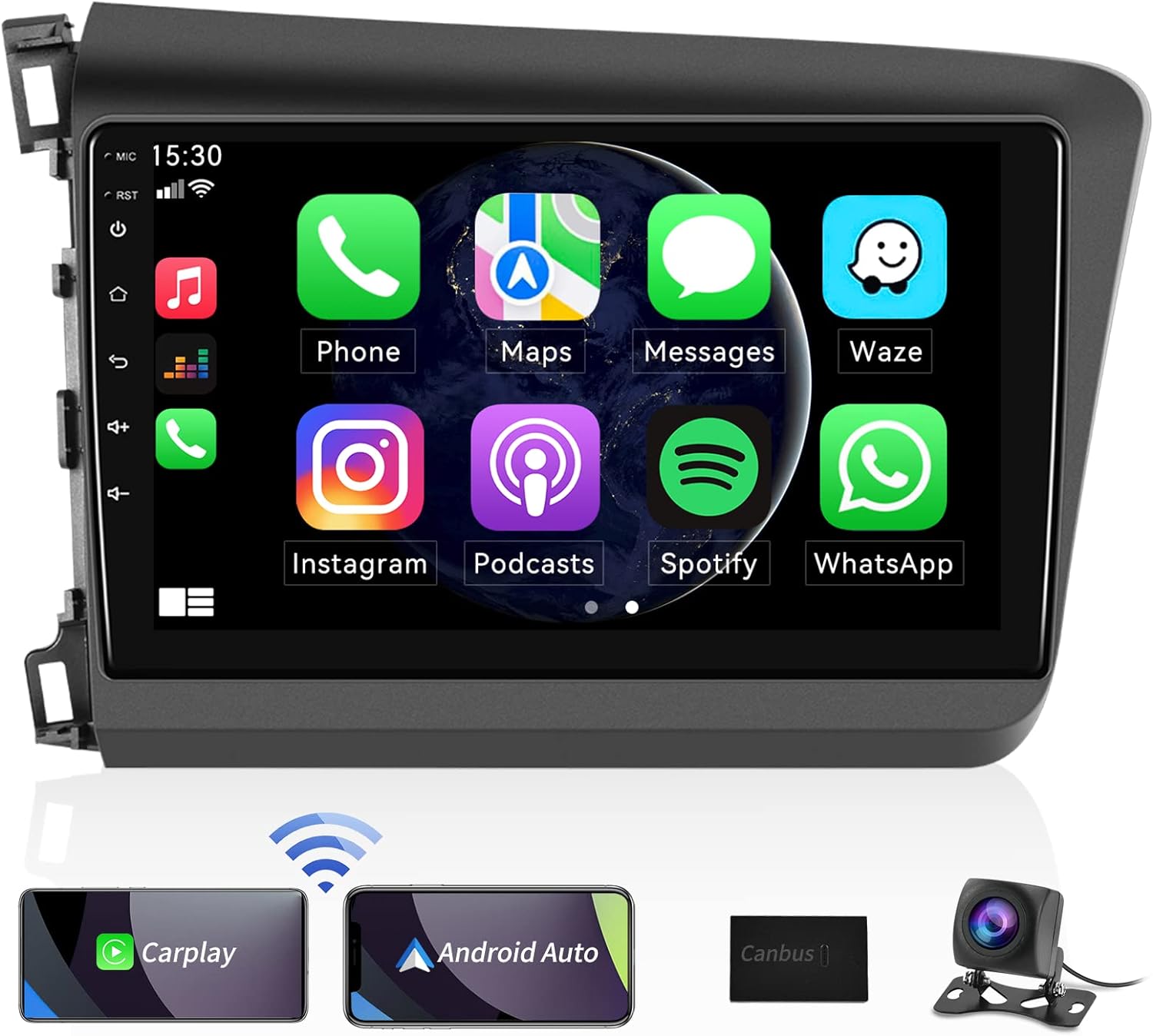 Android 11 Car Stereo Radio with Wireless CarPlay Android Auto for Honda Civic 2012 2013 2014 2015, 9 Touchscreen Radio in Dash GPS Navigation WiFi HiFi Bluetooth Backup Camera FM RDS Audio Receivers