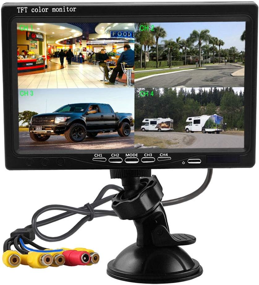 Hikity 7 Inch Vehicle Backup Camera Monitor only, Quad Split HD LCD Display Screen, Car Monitor for SUV Van RV Truck, V1/V2/V3/V4 Video Input, 9V/36V   Headrest Mounting Bracket & Dash Stand