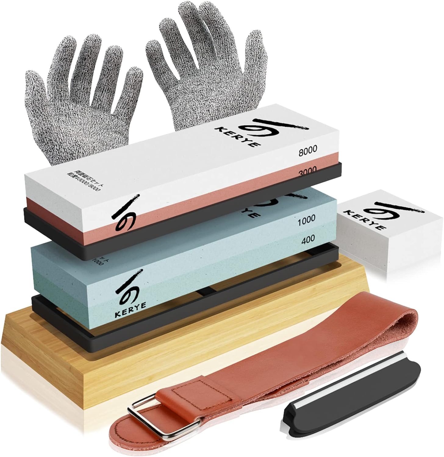 Knife Sharpening Stone Kit, KERYE Professional Japanese Whetstone Sharpener Stone Set, Premium 4 Side Grit 400/1000 3000/8000 Water Stone, Flattening Stone, Angle Guide, Leather Strop, Anti Cut Gloves