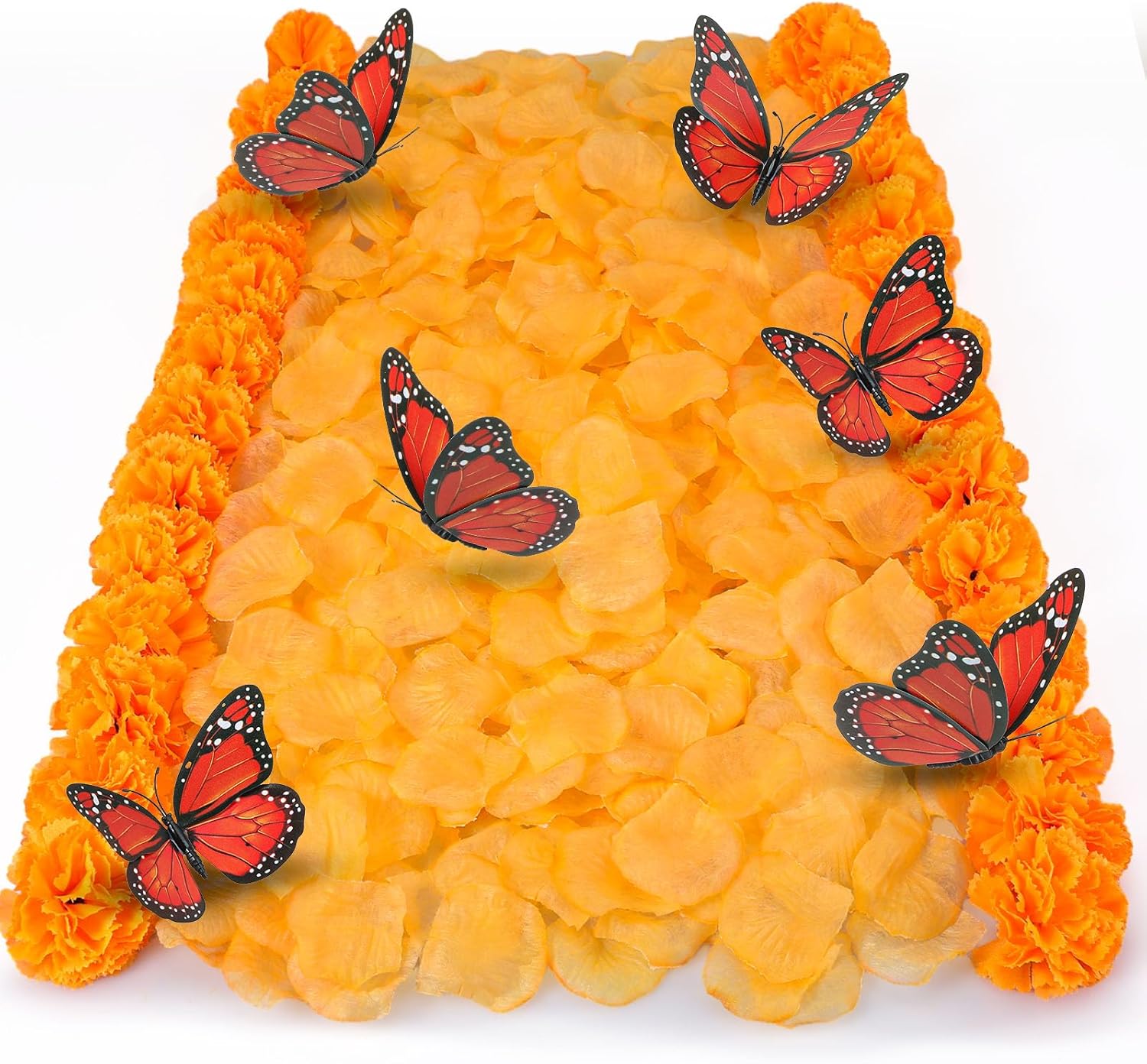 Dia De Los Muertos Decor 50 Pcs Marigold Flowers Heads 12 Artificial Butterfly Decorations and 500 Orange Artificial Flower Petals Halloween Day of The Dead Decor Set for Home Fall Party