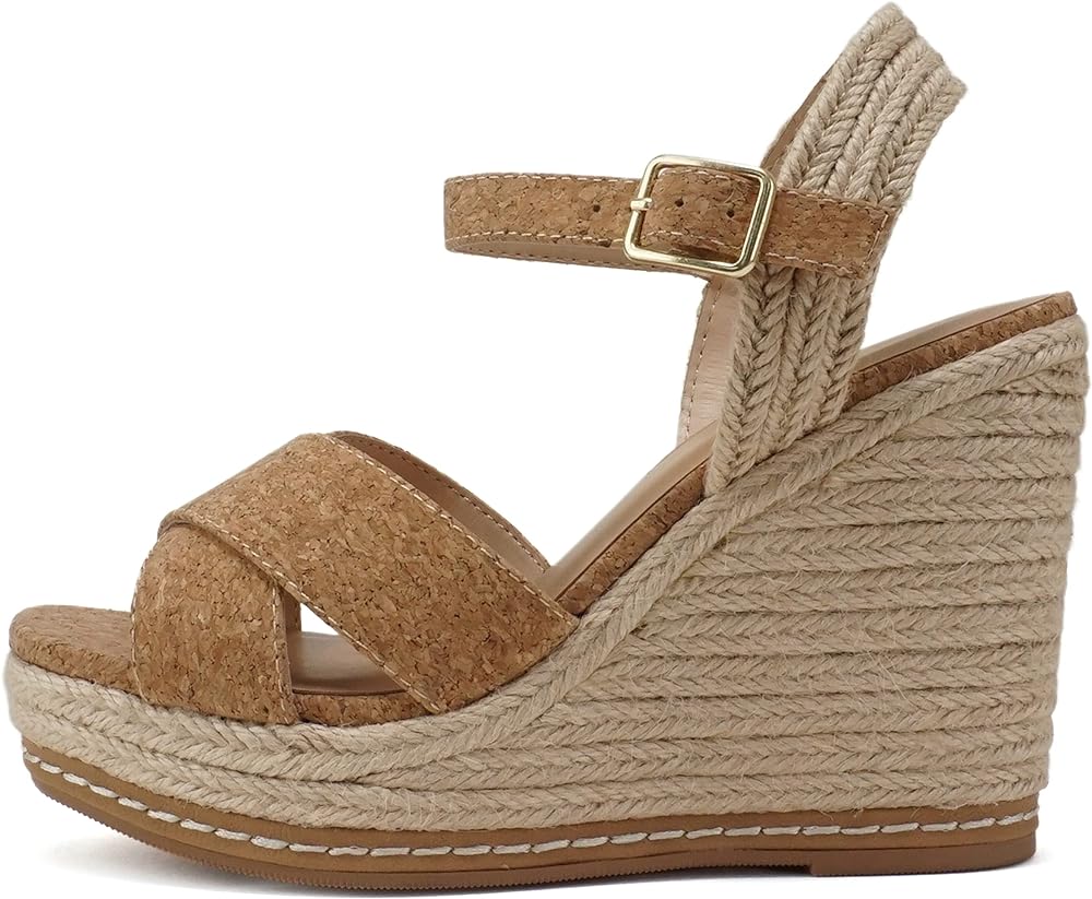 Soda MELANY ~ Women Open Toe Crisscross Two Bands Upper Ankle Strap High Heel Espadrille Wedge Sandal