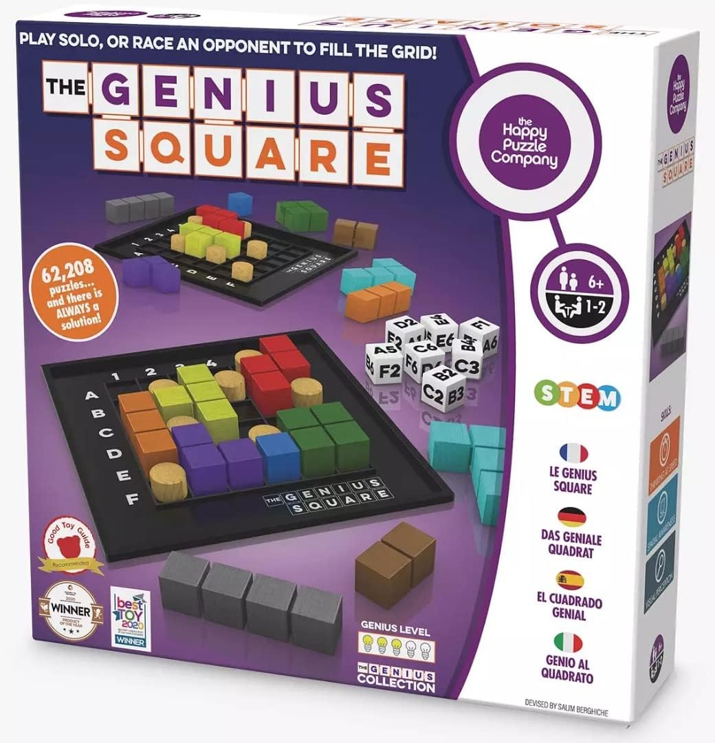 The Genius Square  Game of the Year Award Winner! 60000  Solutions STEM Puzzle Game! Roll the Dice & Race Your Opponent to Fill The Grid by Using Different Shapes! Promotes Problem Solving Training