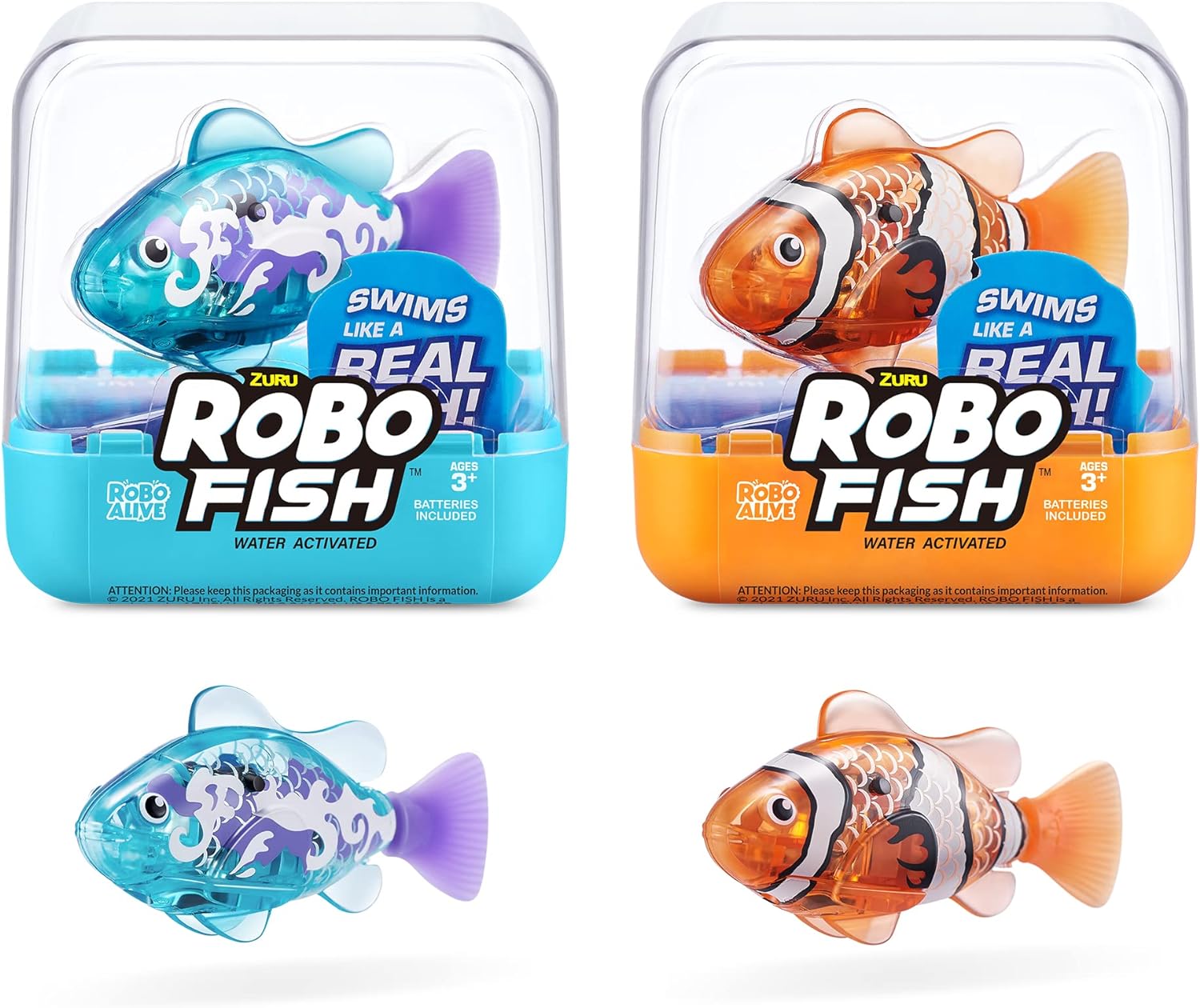 Robo Alive Robo Fish Robotic Swimming Fish (Teal   Orange) by ZURU Water Activated, Changes Color, Comes with Batteries, Amazon Exclusive (2 Pack) Series 3