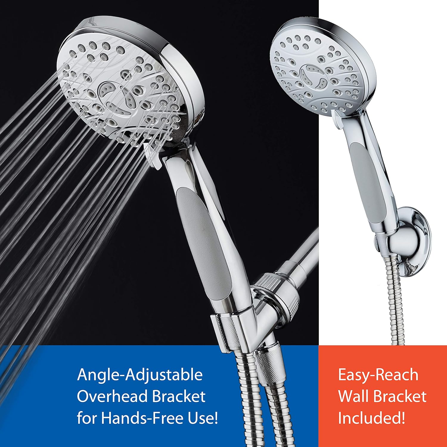 High Pressure 6-setting Luxury Handheld Shower Head  Extra Long 6 Foot Stainless Steel Hose  Anti Clog Jets  Anti Slip Grip  Top US Brand  Includes Extra Wall Bracket  Chrome Finish