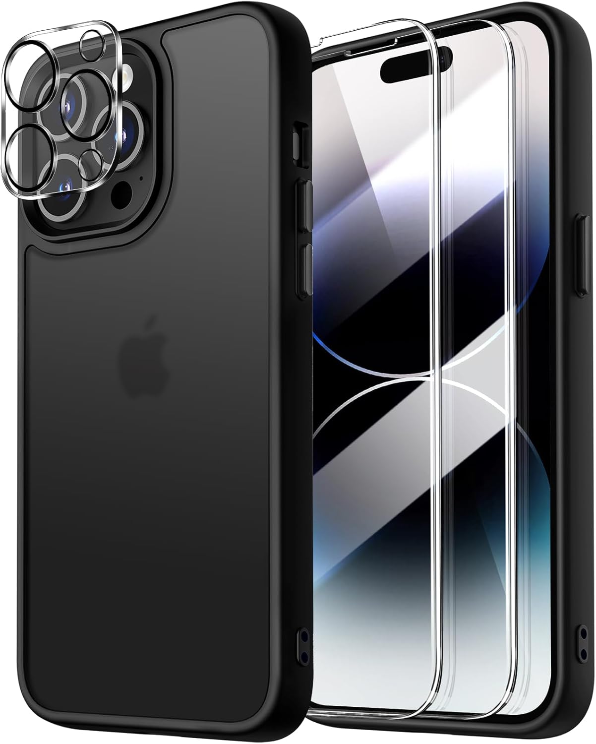 Dssairo 5 in 1 for iPhone 14 Pro Max Case, with 2X Screen Protectors + 2X Camera Lens Protectors, [15FT Military Grade Protection] Anti-Fingerprints Anti-Scratch Translucent Matte Back (Black)