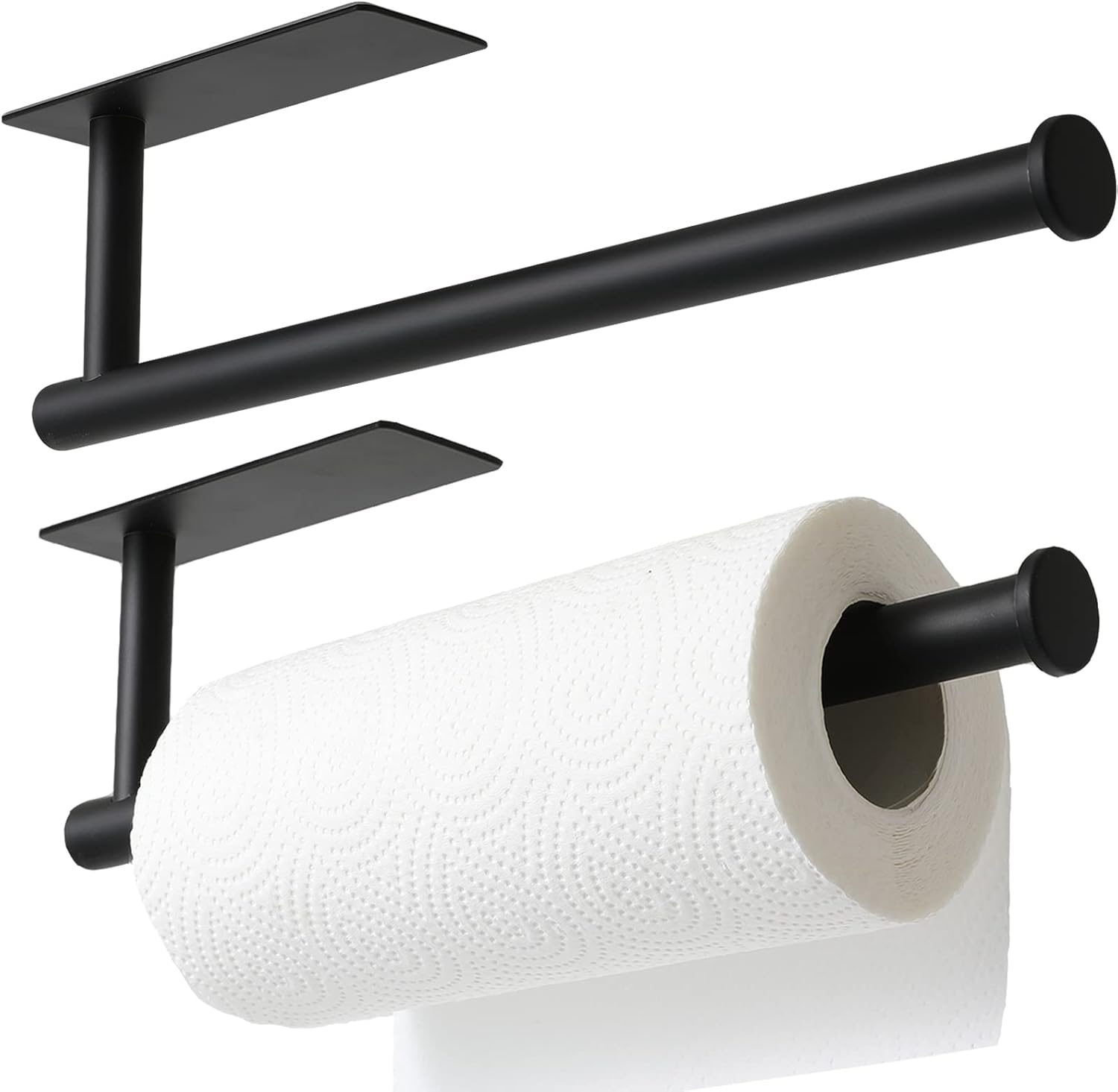 theaoo 2 Packs Paper Towel Holder - Under Cabinet Paper Towel Holder for Kitchen, Adhesive Paper Towel Roll Rack for Bathroom Towel, Wall Mounted Matte Black Paper Towel Rack, SUS304 Stainless Steel