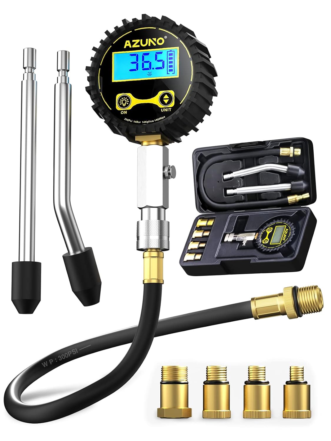 AZUNO Compression Tester Automotive, Digital Compression Gauge 200 PSI for Petrol Engine Cylinder Compression Tester Kit with Adapter & Hose