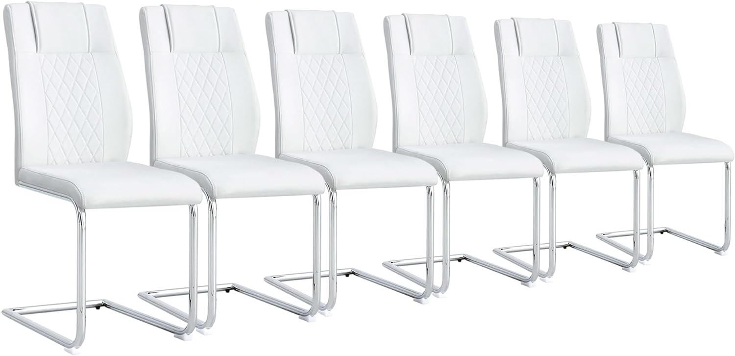 Dining Chairs Set 6, High Back White Kitchen Chairs,Waterproof Faux Leather Dinner Chairs with Upholstered Seat,Armless Side Chairs with Chrome Plate Metal Legs for Kitchen Dining Room