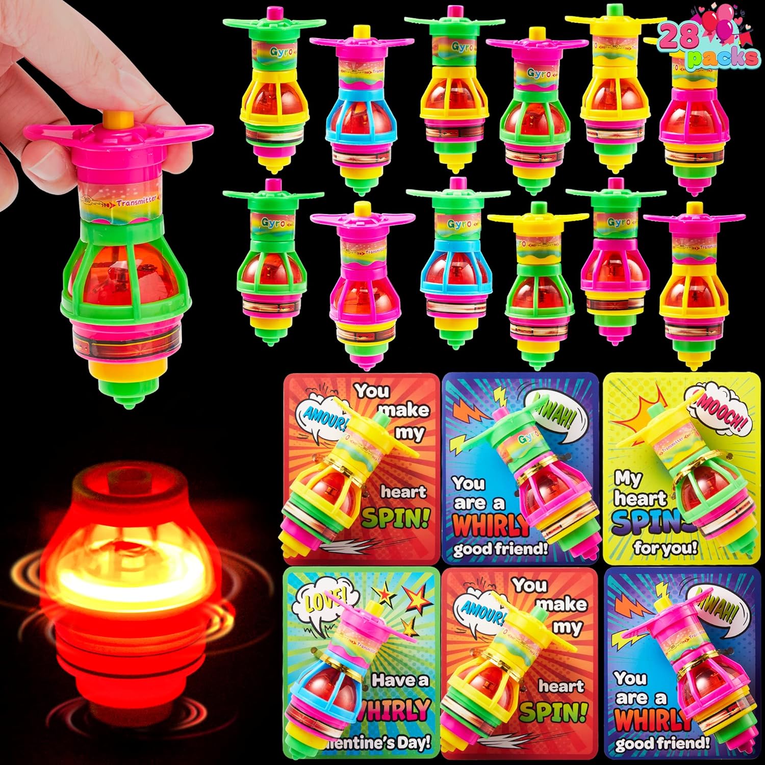 JOYIN 28 Packs Valentine's Day Gift Cards with Light up Spinning Tops, LED UFO Gyroscope Flashing Lights for Valentine Party Favors Toys,Classroom Exchange Prizes,Valentines Day Cards for Kids School