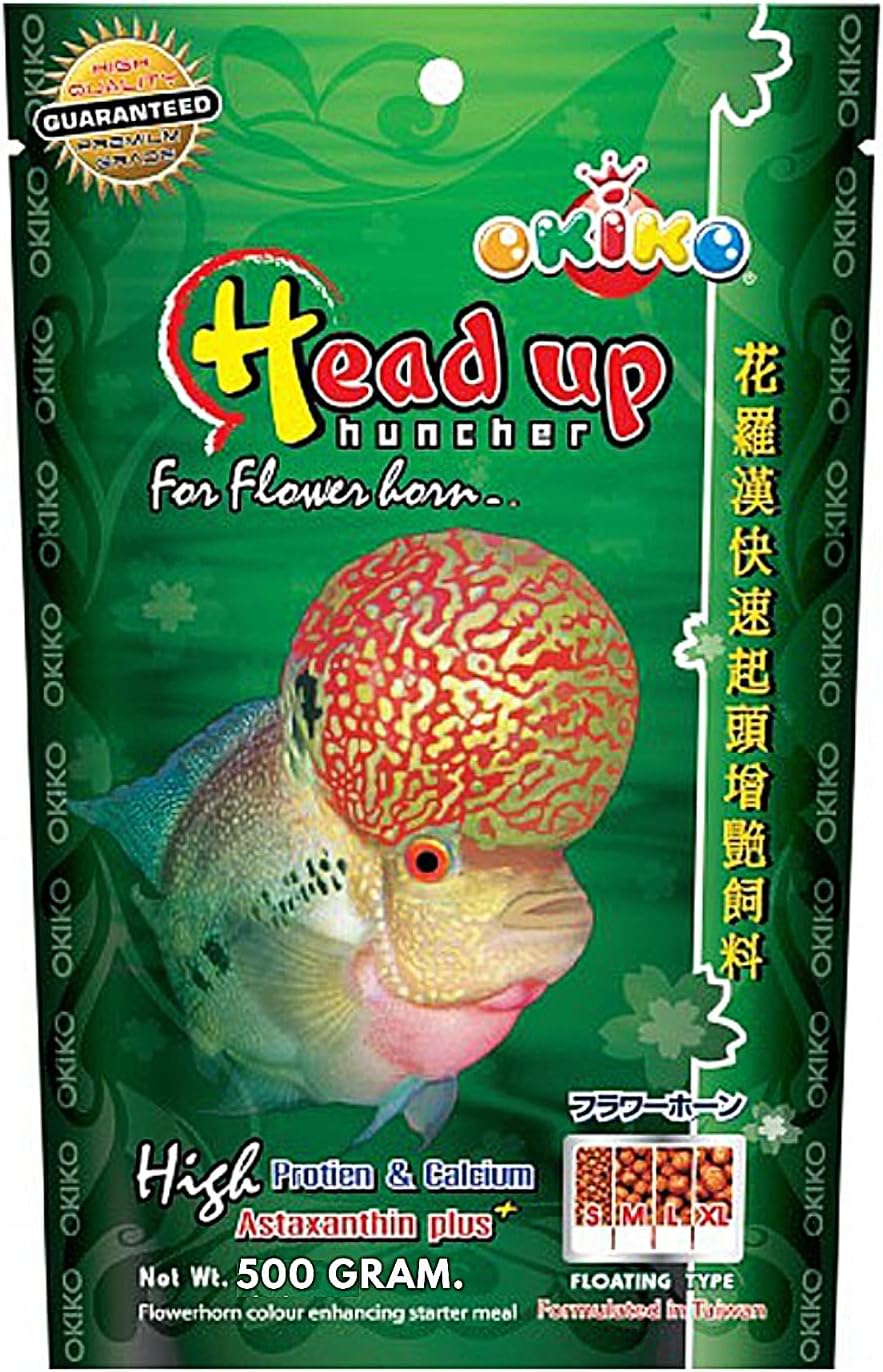 OKIKO Flowerhorn Fish Food Floating Pellets Medium 2 MM Head Up Quickly Huncher Formula High Protein Tropical Fish Feed Astaxanthin Plus Color Enhancing Healthy Fast Growth (17.63 oz - Green)