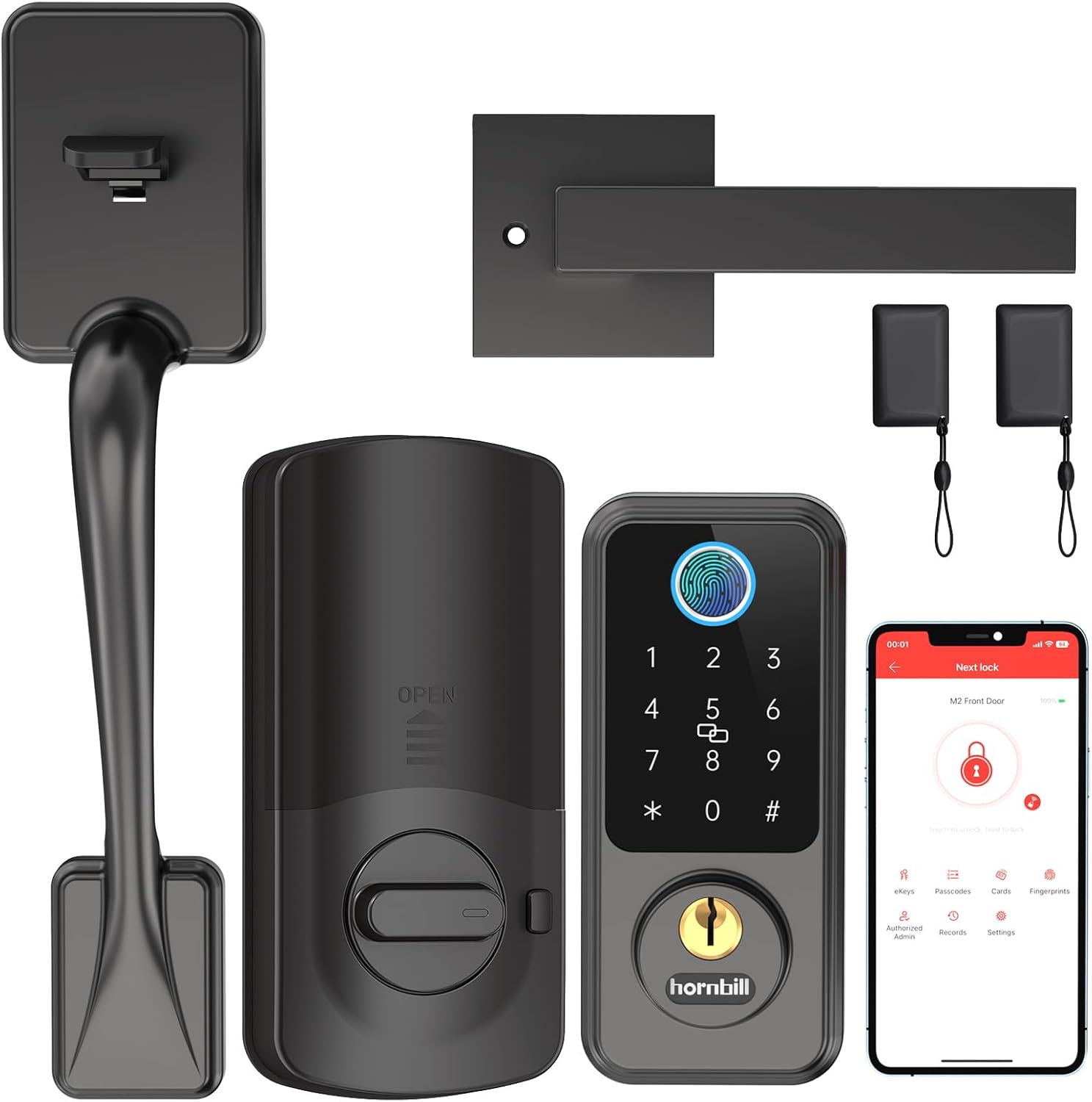 Hornbill Smart Lock with Front Door Handle Set - Keyless Entry Door Lock with Handleset - Smart Deadbolt Door Lock for Front Door - Bluetooth Door Lock with Keypad - Fingerprint Biometric Auto Lock