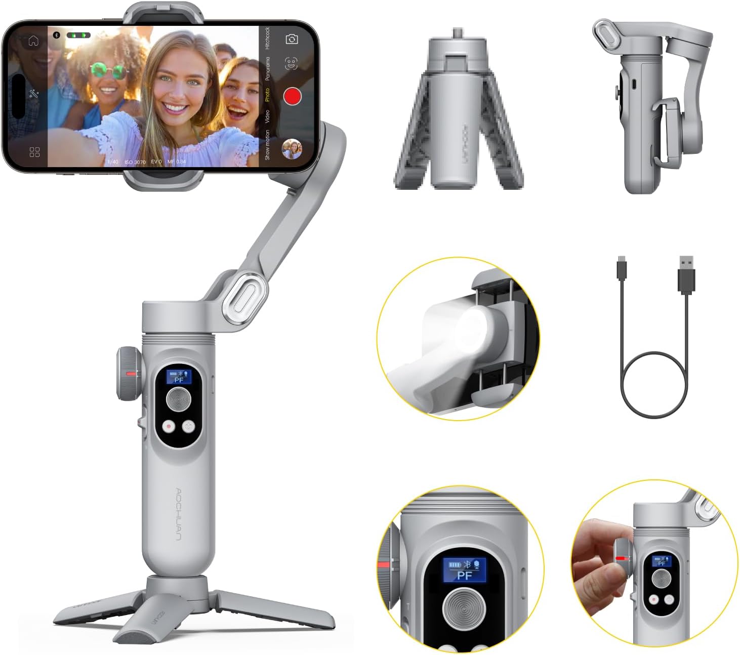 Gimbal Stabilizer for Smartphone, 3-Axis iPhone Gimbal Portable Gimbal w/OLED Display for iPhone/Andriod, Phone Gimbal with Face/Object Tracking for Tiktok YouTube Vlog-Smart X Pro Gray