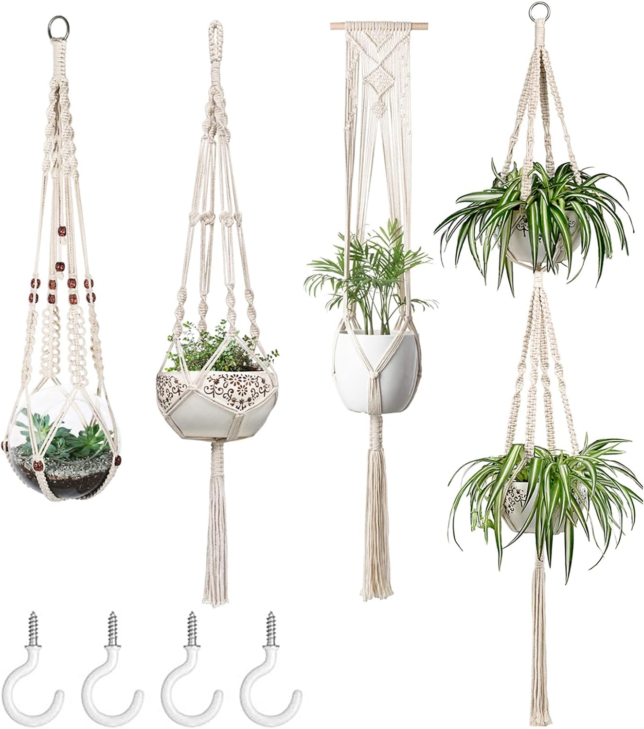 Mkono Macrame Plant Hangers Set of 4 Indoor Hanging Planter Basket Wall Decorative Flower Pot Holder with 4 Hooks for Indoor Outdoor Home Decor Gift Box, Ivory