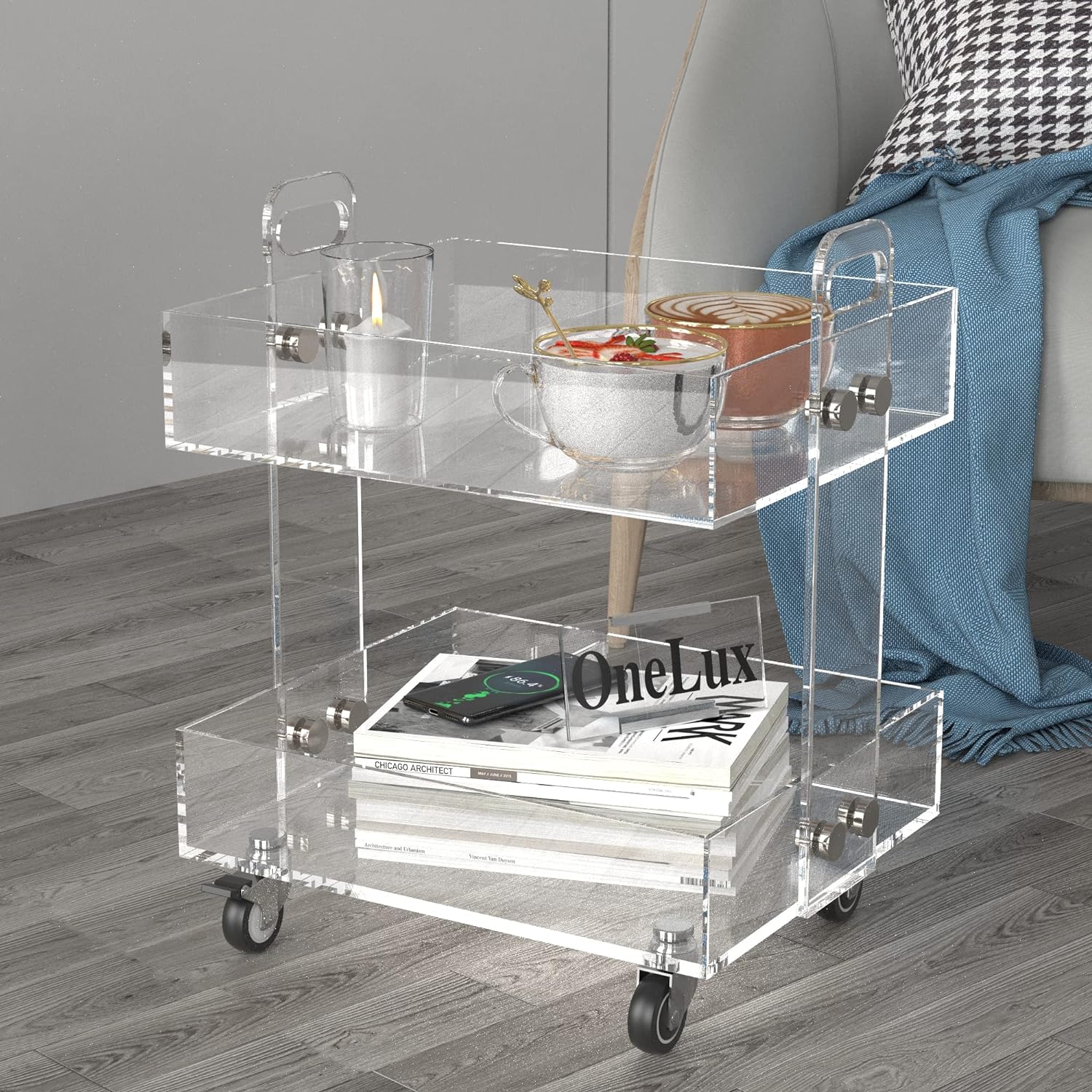 (Flat Packed) ONELUX Original Acrylic Side Table,Clear Table with Wheels,rolling storage cart,Acrylic Bedside Tables/Night Stand - 413448H cm