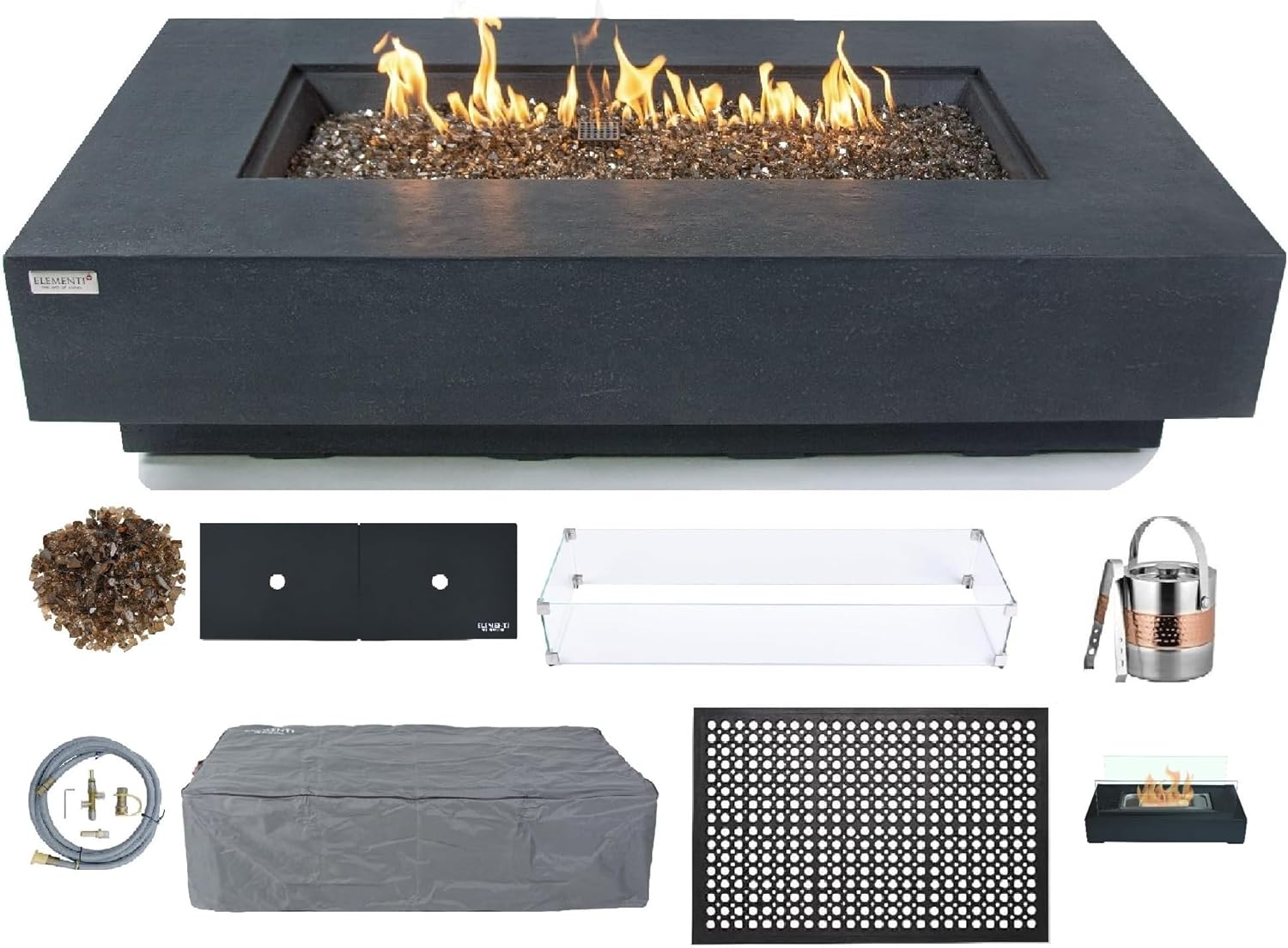 AMS Fireplace Elementi Dark Gray Positano Natural Gas Fire Pit Table for Outside Patio Bundle with Wind Guard and SS Burner Lid | Free Rubber Mat, Ice Bucket and Counter-top Lantern