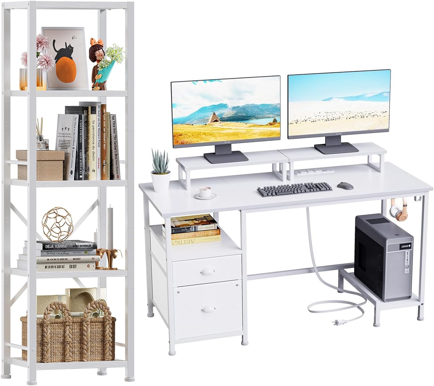 Furologee+White+Desk+and+Bookshelf%2c+47%22+Computer+Desk+with+Drawer+and+Power+Outlets%2c+5+Tier+Tall+Narrow+Bookcase%2c+Gaming+Table+with+2+Monitor+Stands+and+2+Hooks%2c+Modern+Freestanding+Shelf+Units