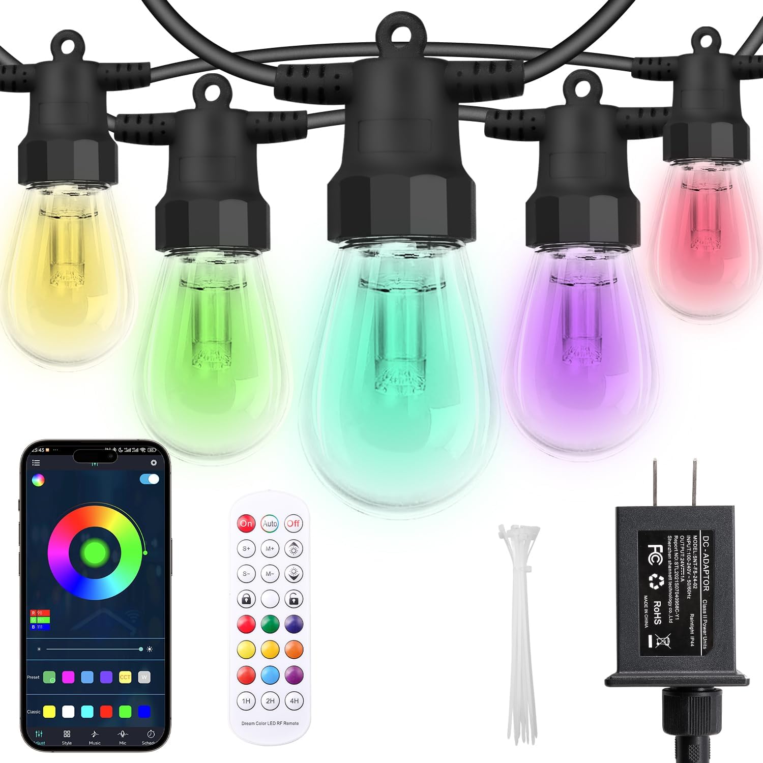 Outdoor String Lights 50FT, Outdoor Lights for Patio with 20 Dimmable RGBW LED Bulbs, IP66 Waterproof Shatterproof, with APP Control & Remote, 24V Adapter Color Change,for Backyard Decor